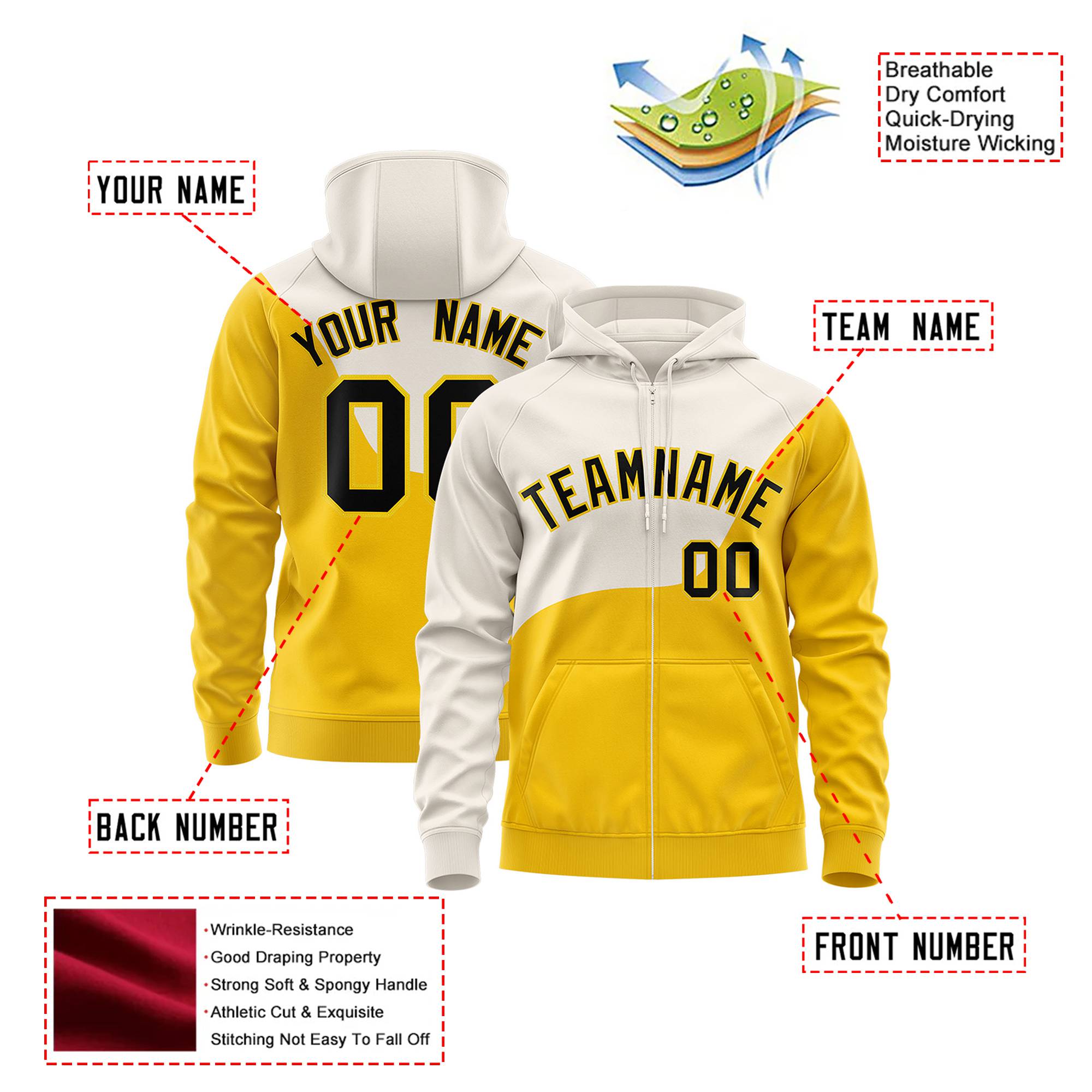 Custom Cream Gold Color Block Varsity Full-Zip Letterman Wave Hoodie Jacket