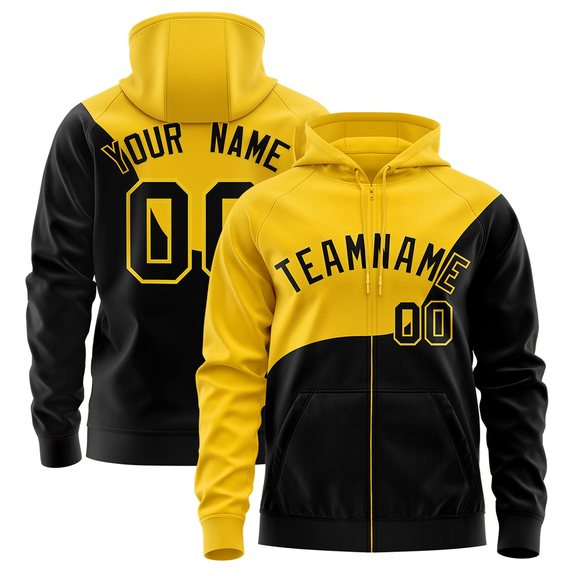 Custom Gold Black Color Block Varsity Full-Zip Letterman Wave Hoodie Jacket