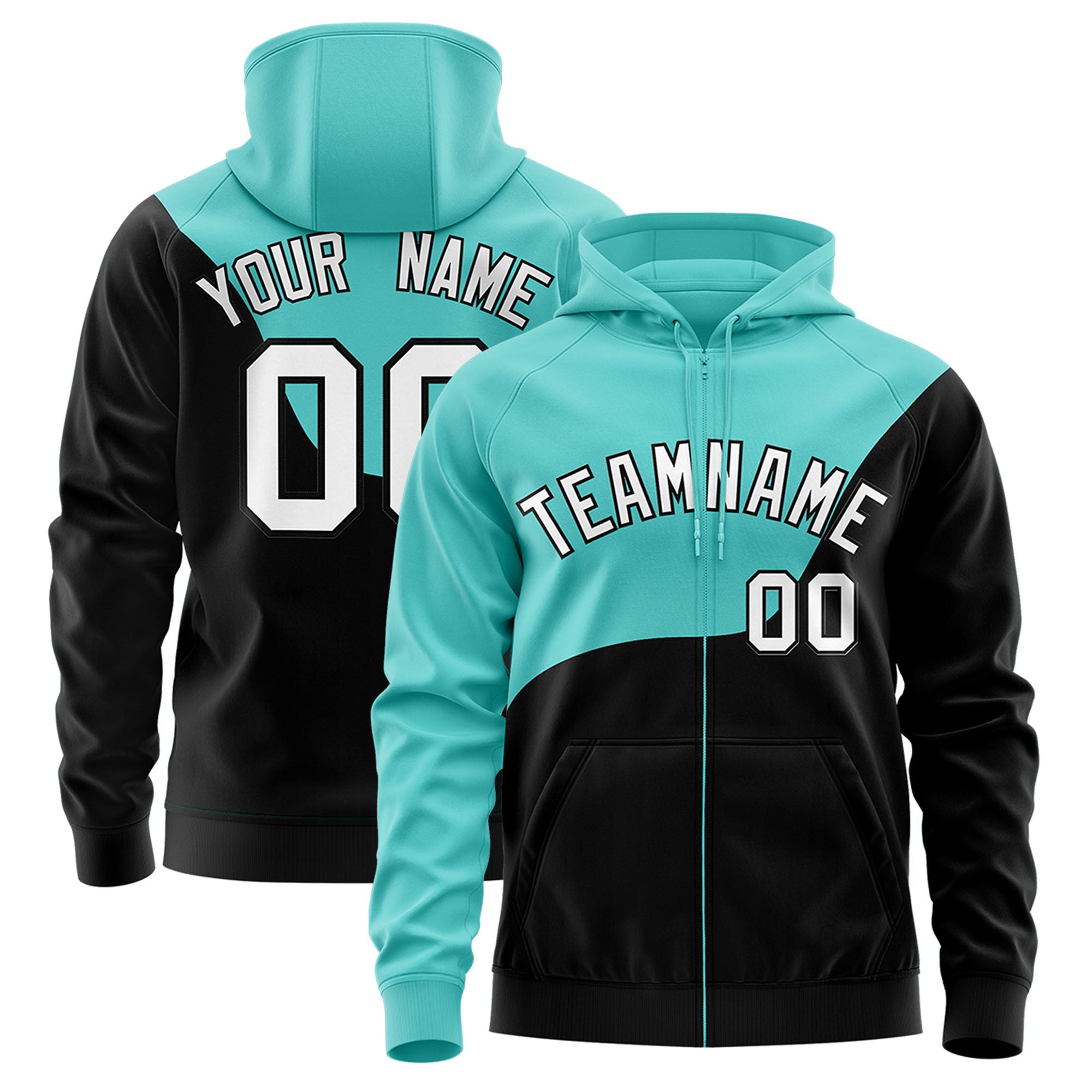 Custom Aqua Black Color Block Varsity Full-Zip Letterman Wave Hoodie Jacket