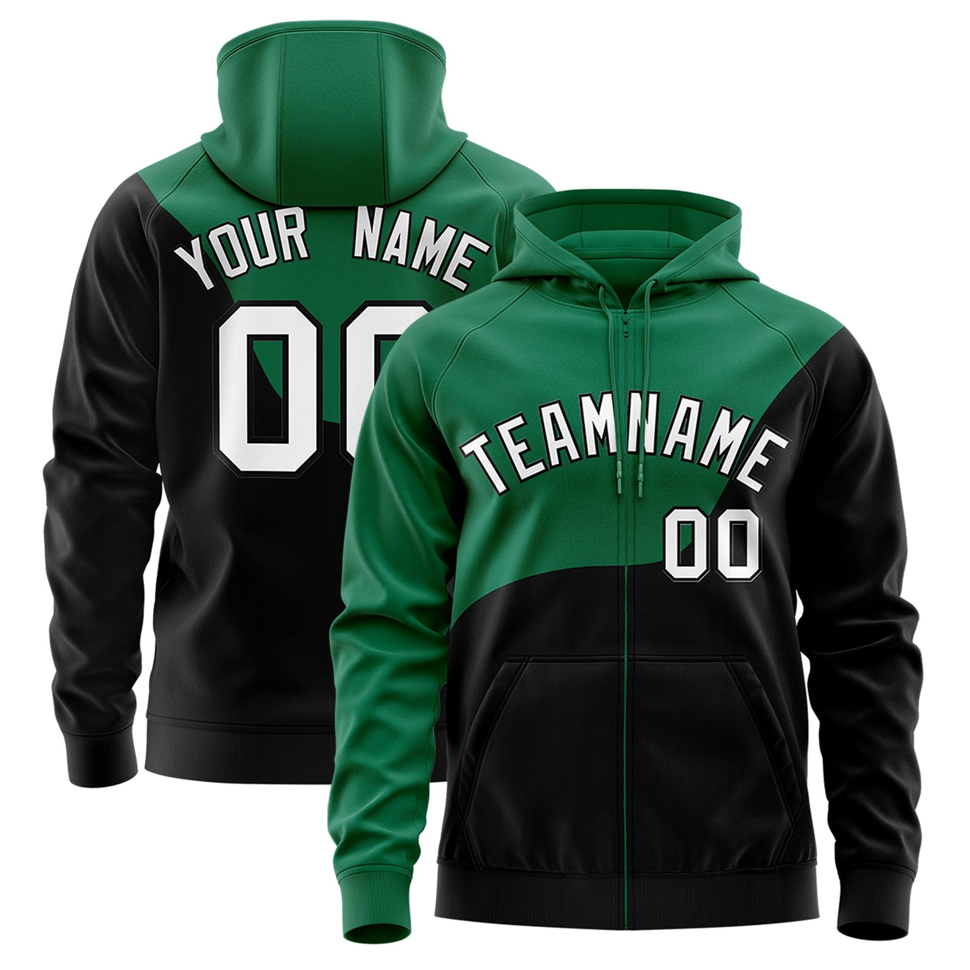 Custom Kelly Green Black Color Block Varsity Full-Zip Letterman Wave Hoodie Jacket