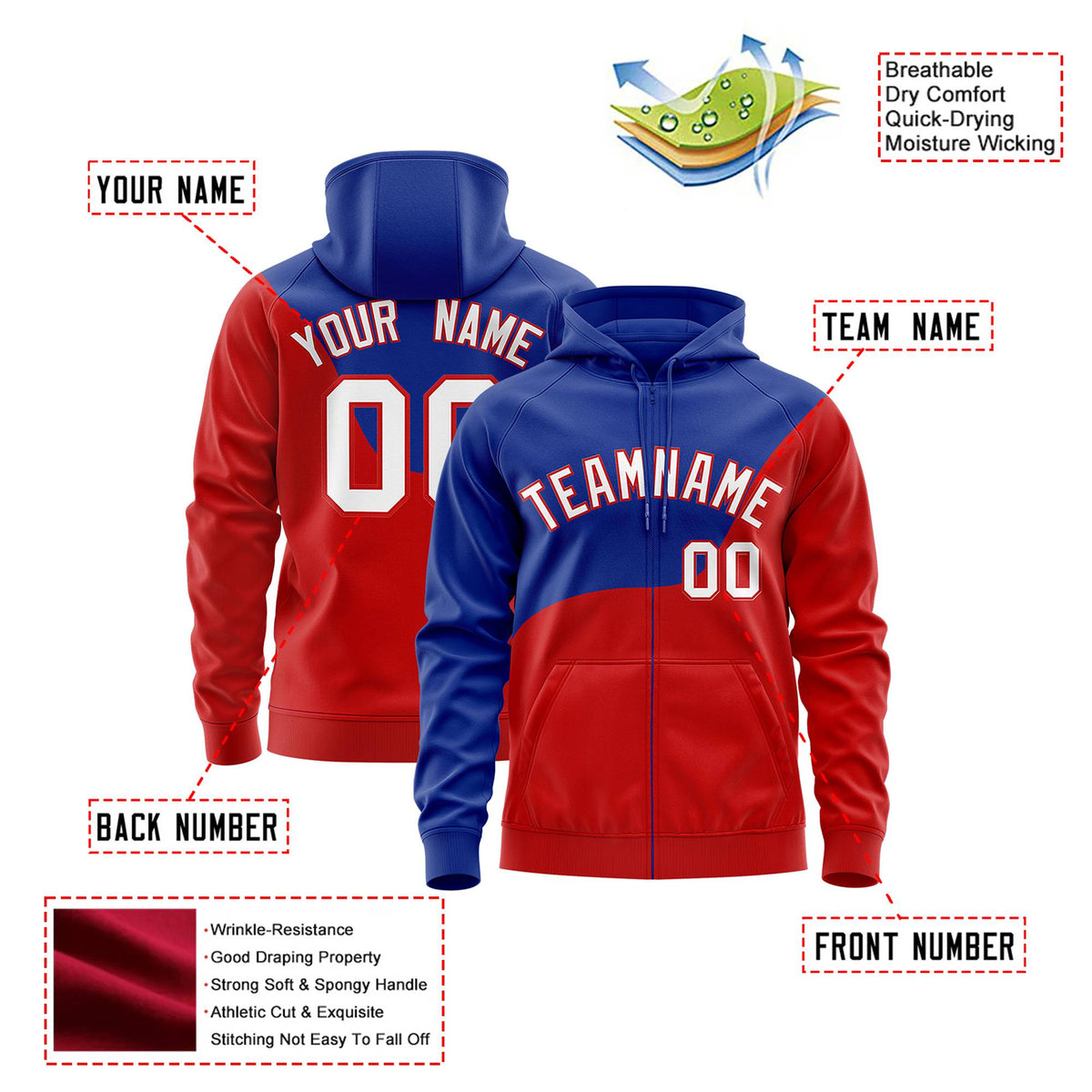 Custom Royal Blue Red Color Block Varsity Full-Zip Letterman Wave Hoodie Jacket