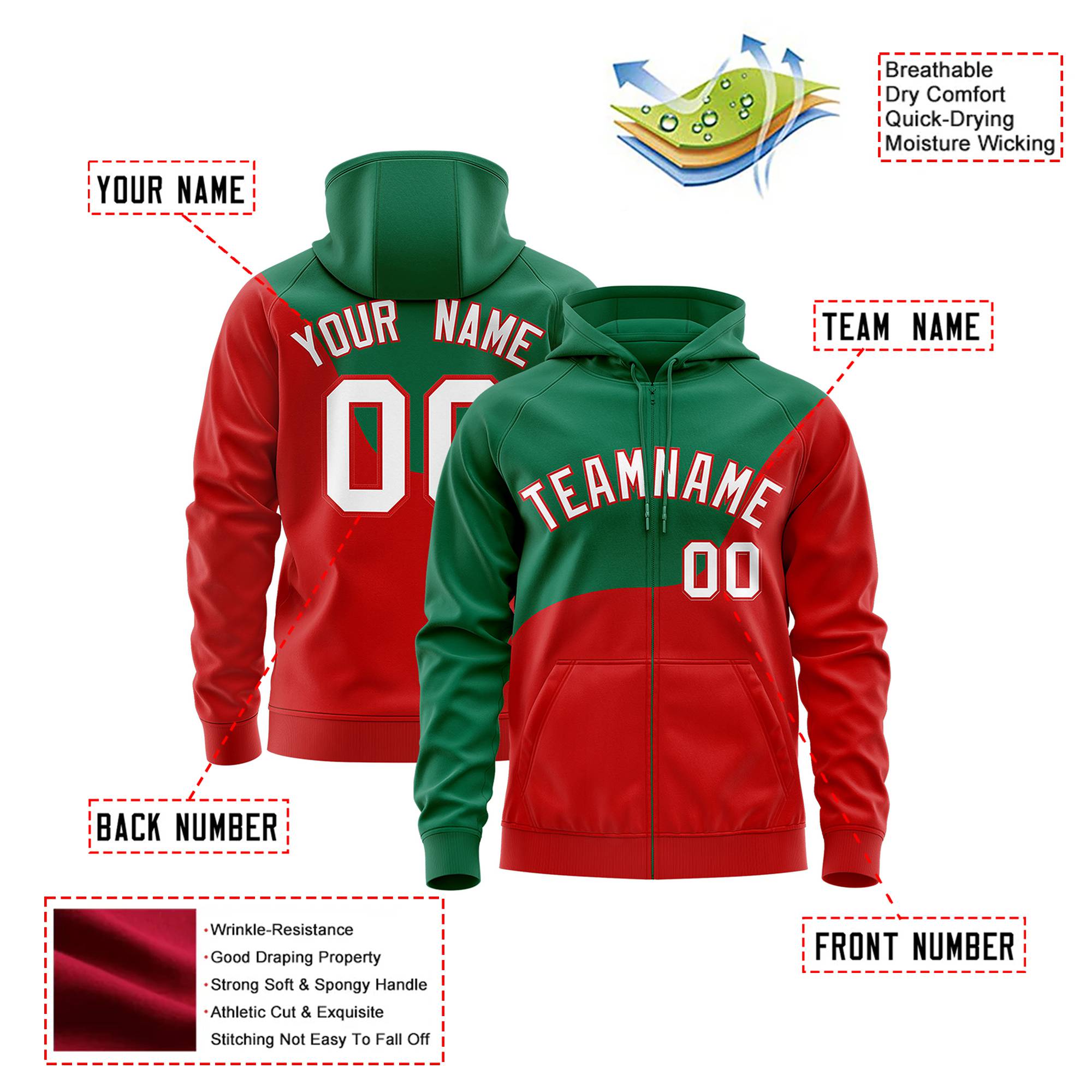 Custom Green Red Color Block Varsity Full-Zip Letterman Wave Hoodie Jacket