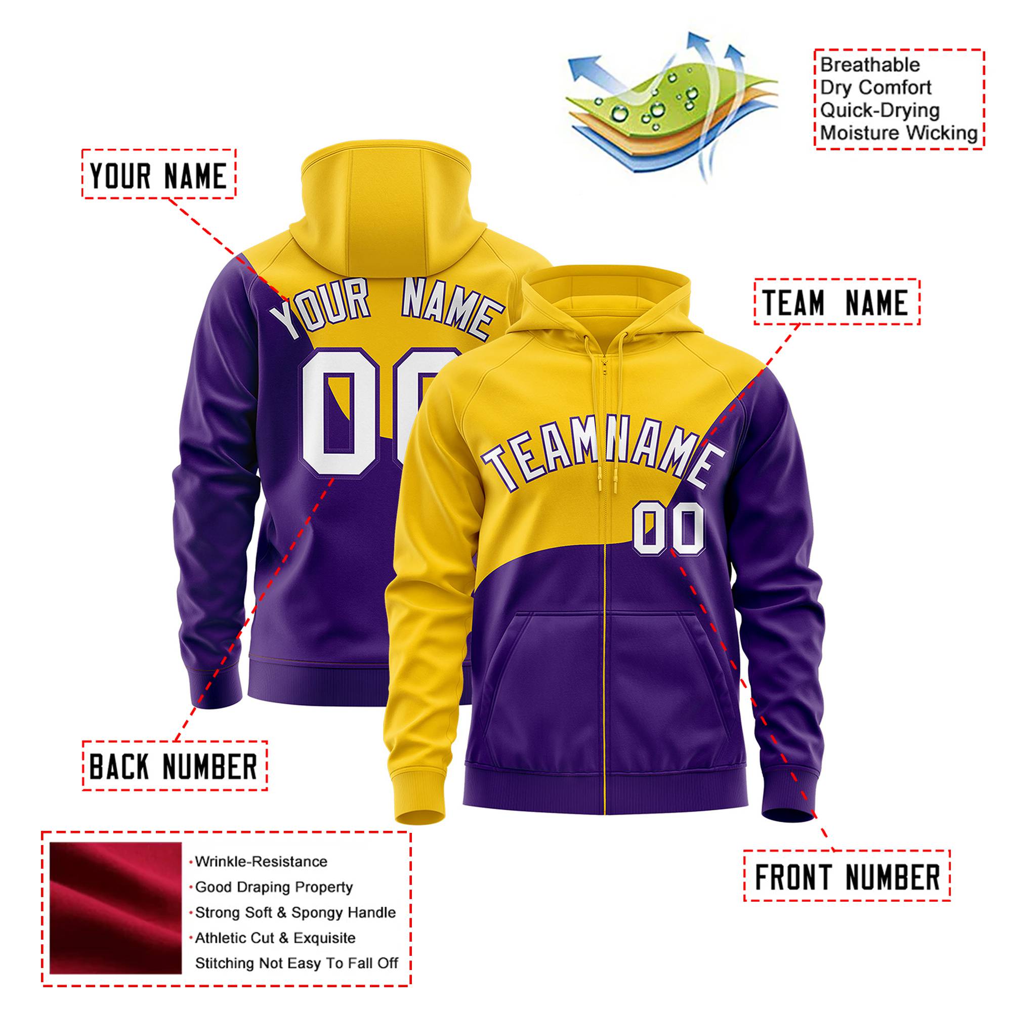 Custom Gold Purple Color Block Varsity Full-Zip Letterman Wave Hoodie Jacket