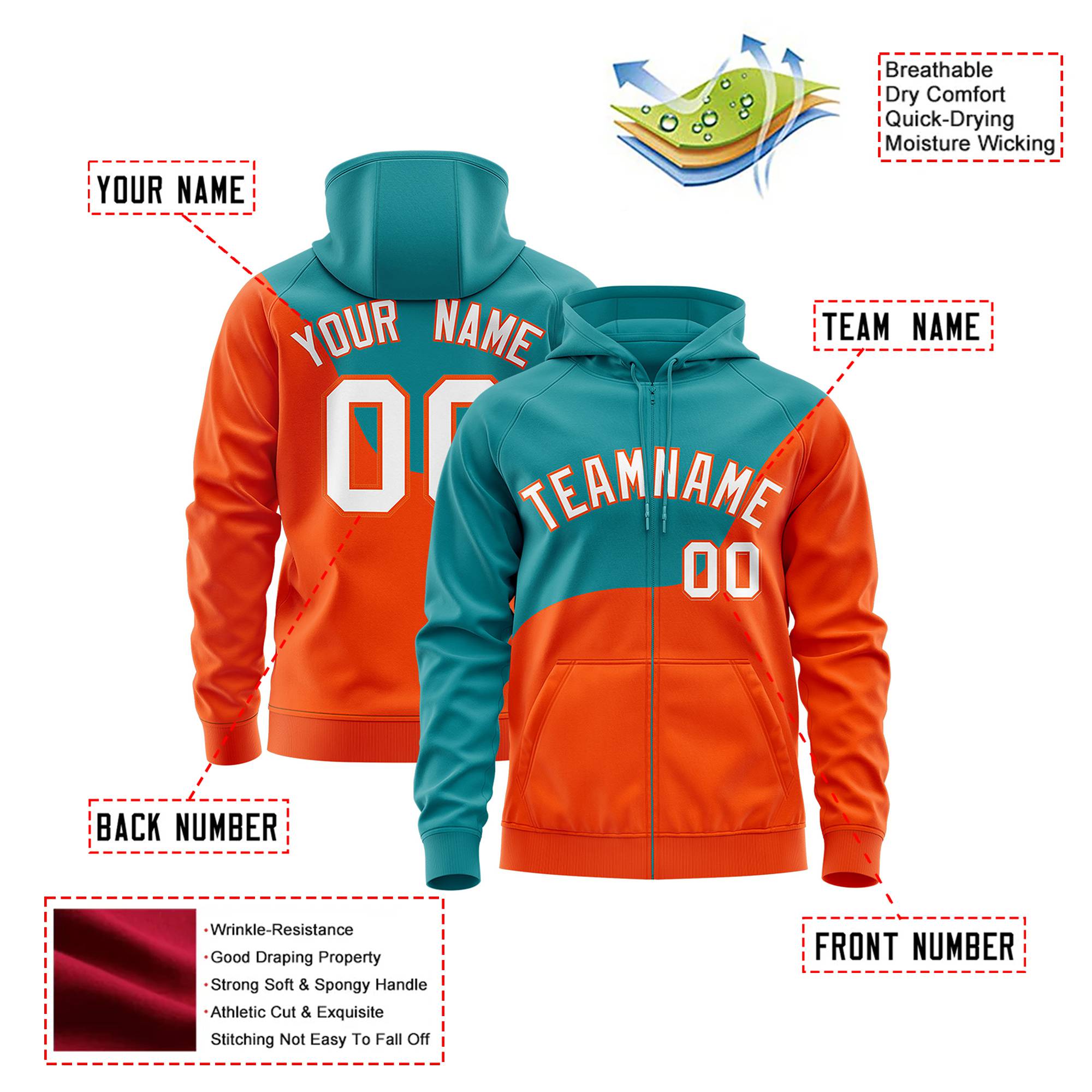 Custom Aqua Orange Color Block Varsity Full-Zip Letterman Wave Hoodie Jacket