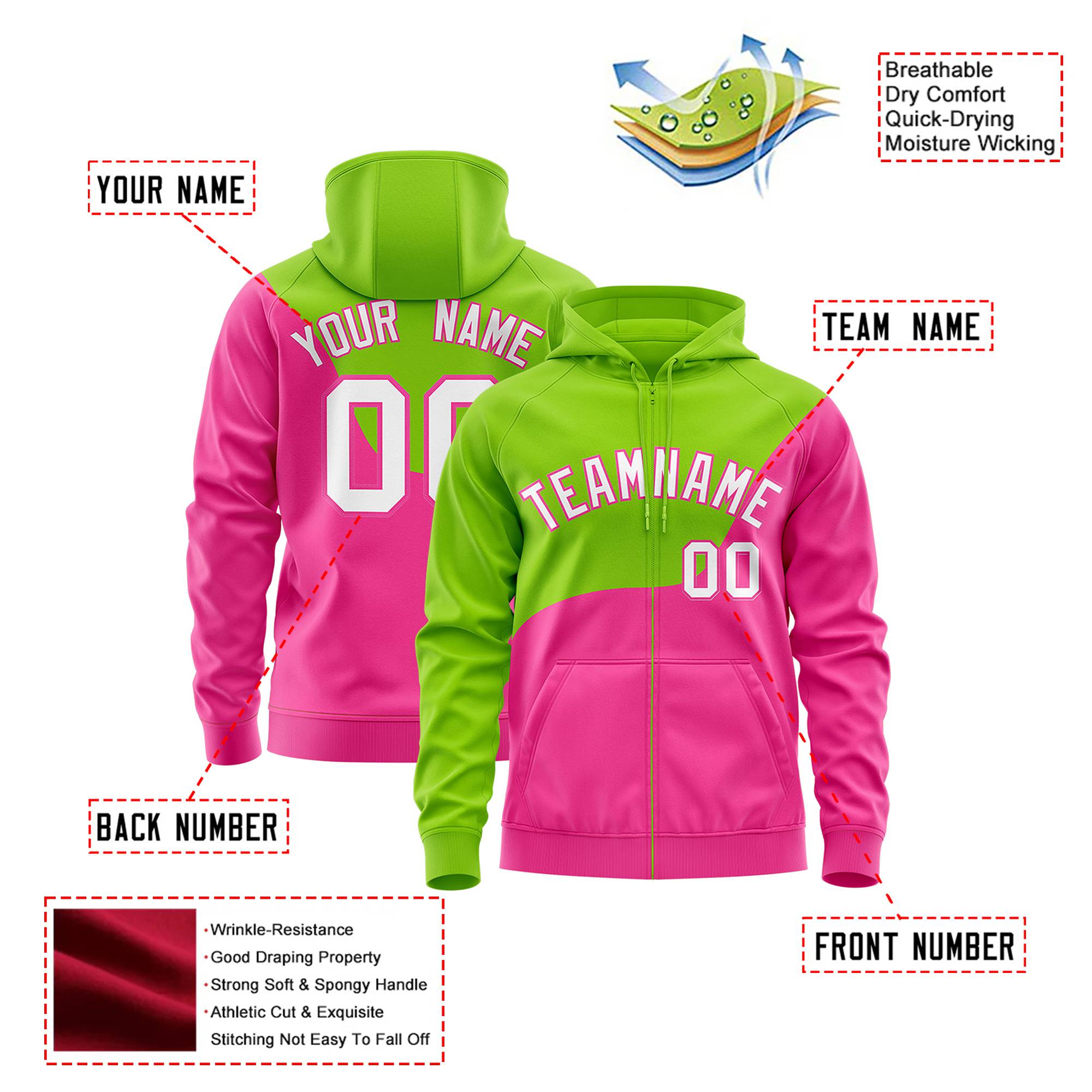 Custom Neon Green Pink Color Block Varsity Full-Zip Letterman Wave Hoodie Jacket