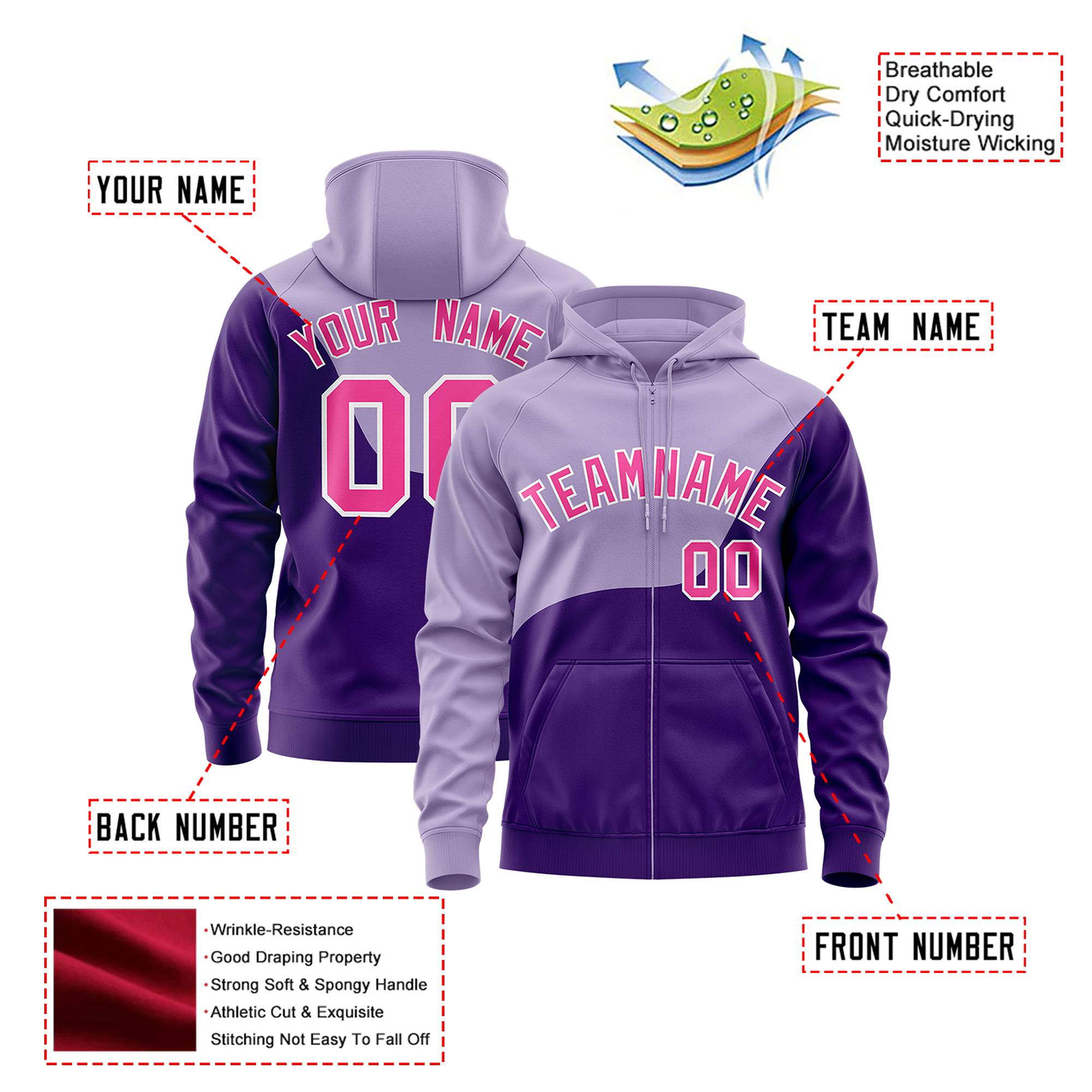 Custom Light Purple Purple Color Block Varsity Full-Zip Letterman Wave Hoodie Jacket