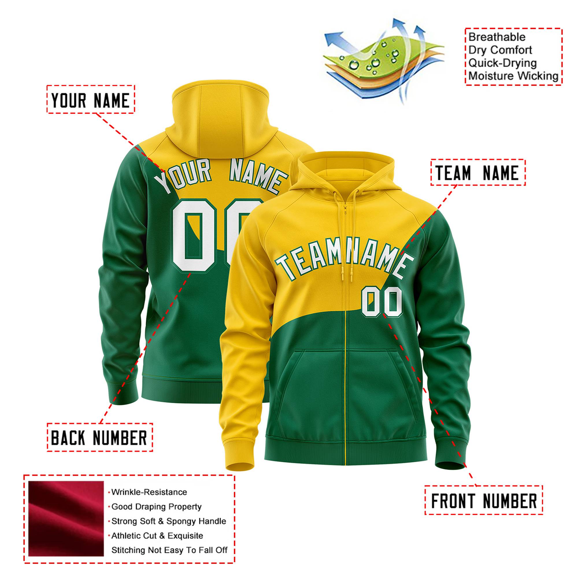 Custom Gold Green Color Block Varsity Full-Zip Letterman Wave Hoodie Jacket