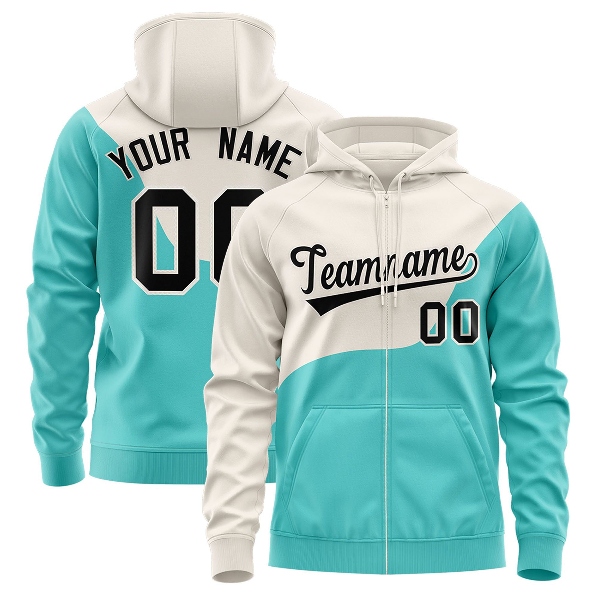 Custom Cream Aqua Color Block Varsity Full-Zip Letterman Wave Hoodie Jacket