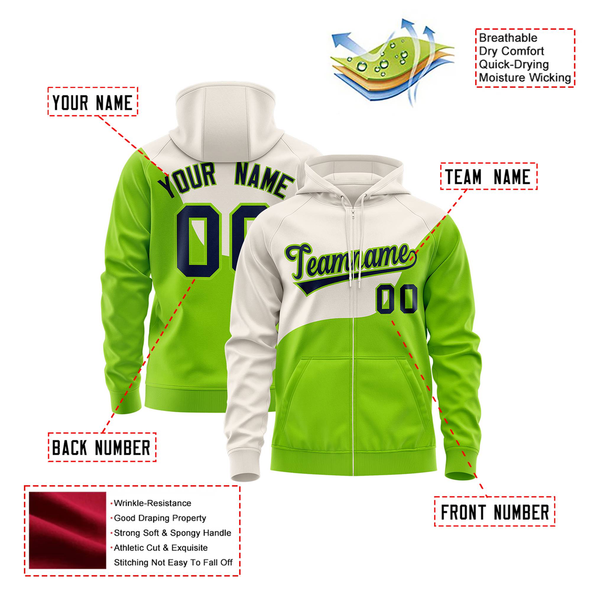 Custom Cream Neon Green Color Block Varsity Full-Zip Letterman Wave Hoodie Jacket