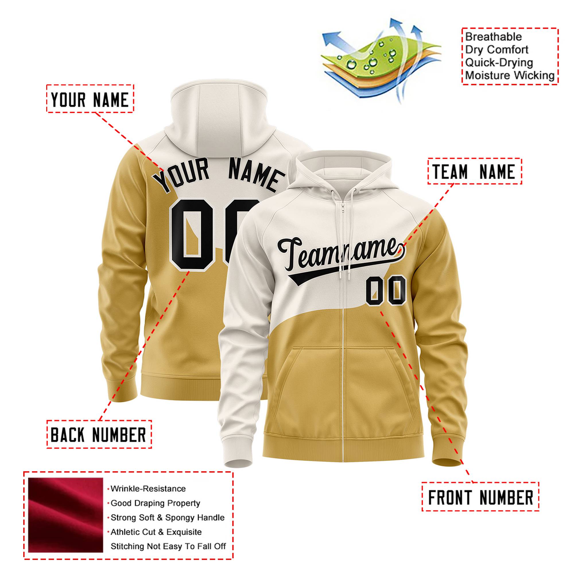 Custom Cream Old Gold Color Block Varsity Full-Zip Letterman Wave Hoodie Jacket