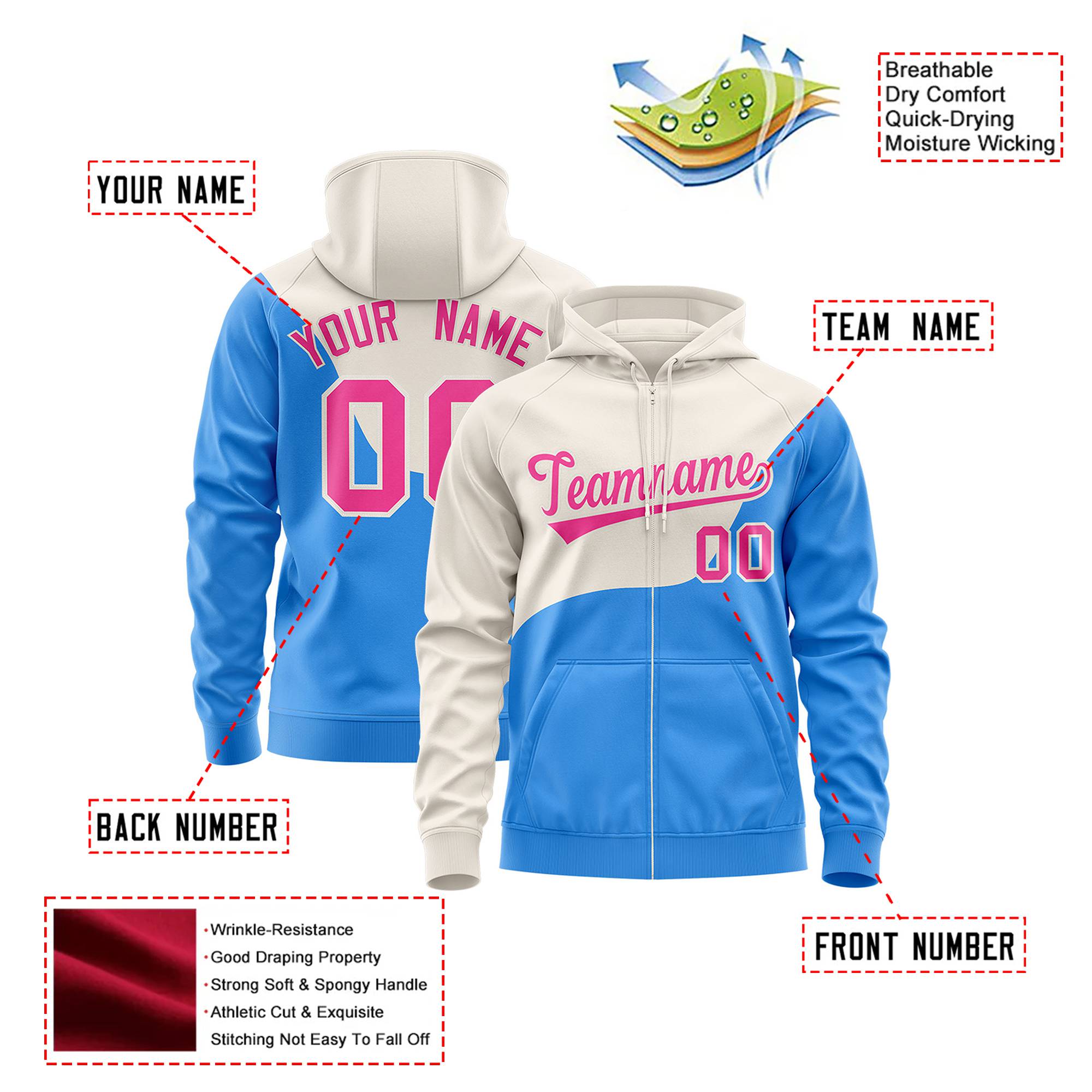 Custom Cream Powder Blue Color Block Varsity Full-Zip Letterman Wave Hoodie Jacket