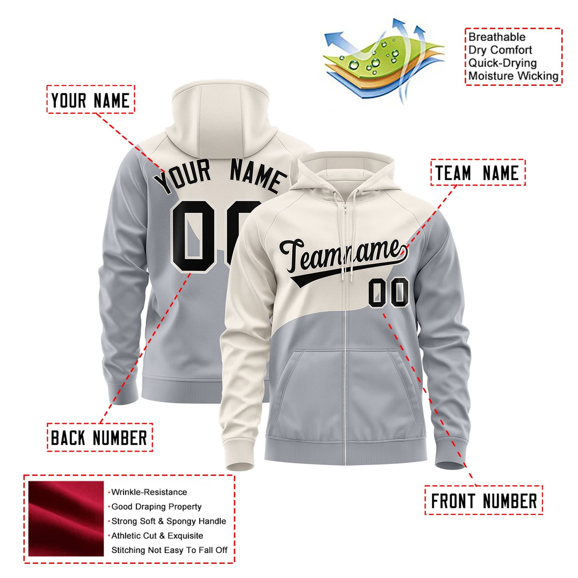 Custom Cream Gray Color Block Varsity Full-Zip Letterman Wave Hoodie Jacket