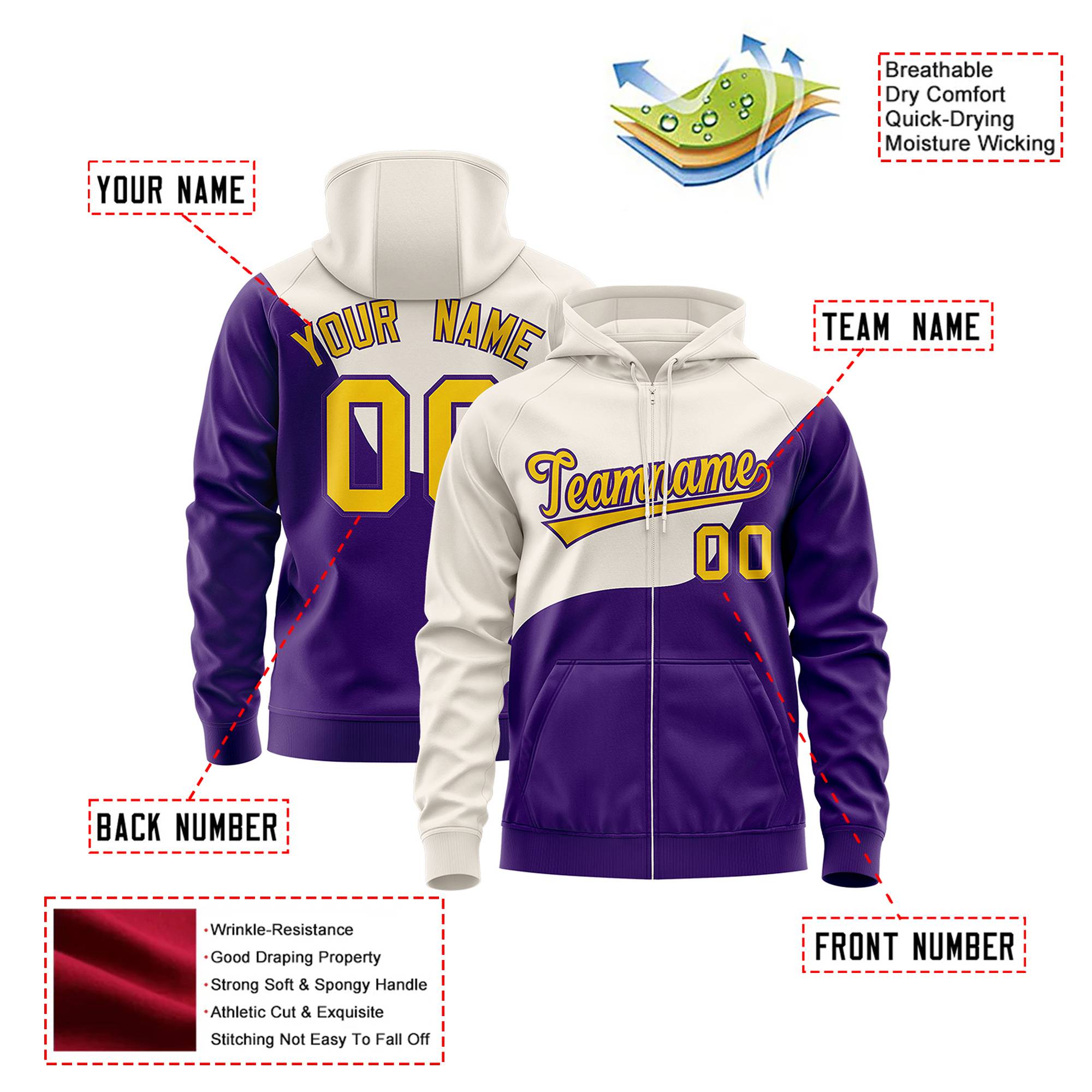 Custom Cream Purple Color Block Varsity Full-Zip Letterman Wave Hoodie Jacket