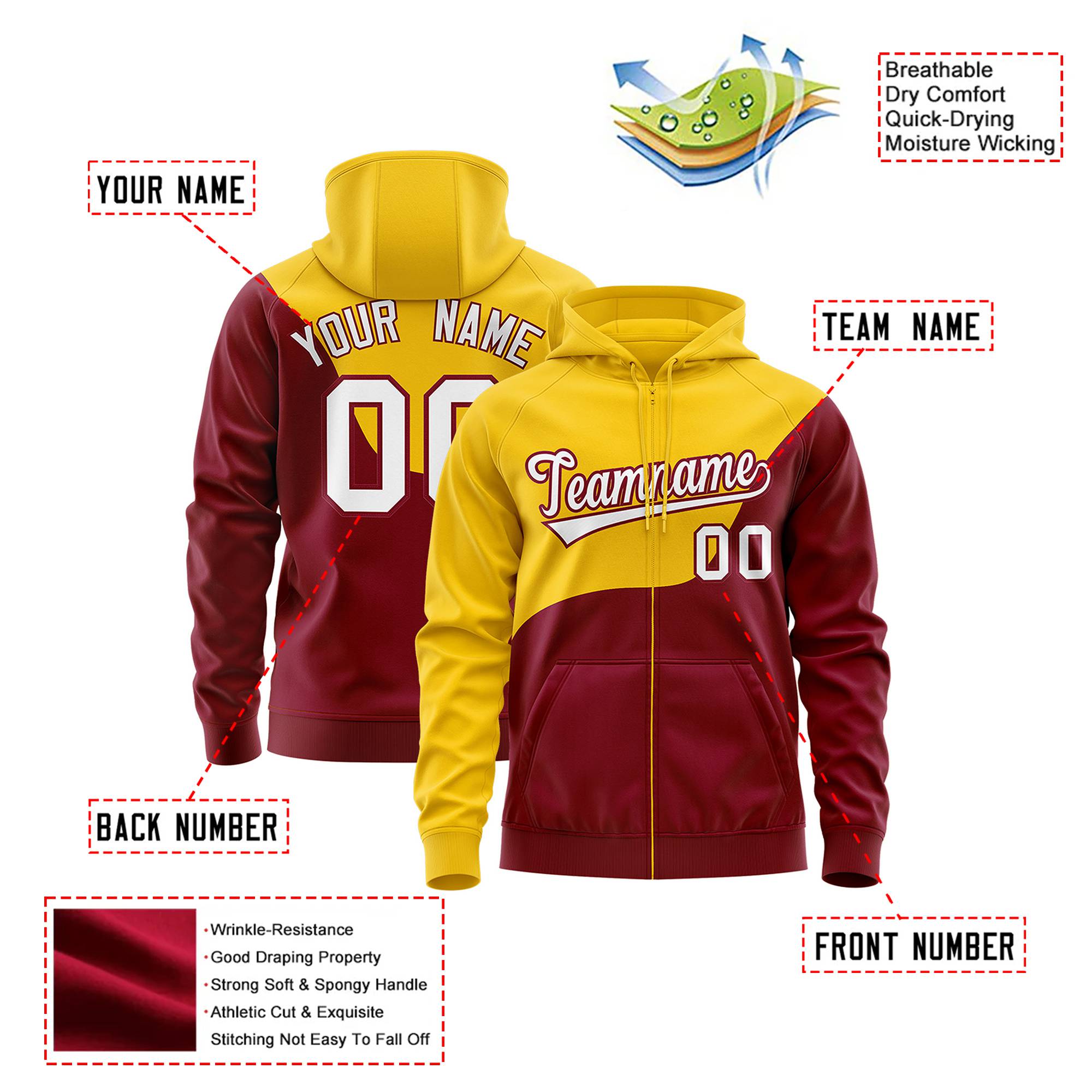 Custom Gold Crimson Color Block Varsity Full-Zip Letterman Wave Hoodie Jacket