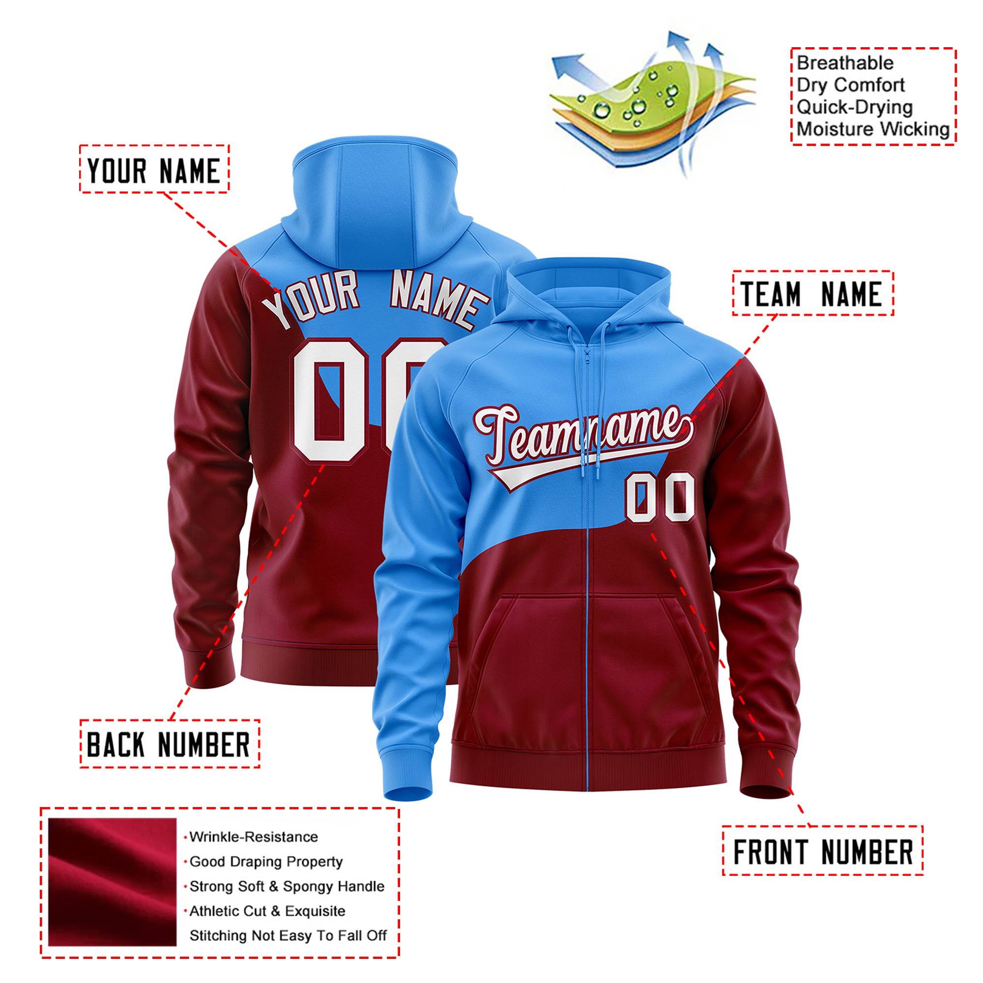 Custom Powder Blue Crimson Color Block Varsity Full-Zip Letterman Wave Hoodie Jacket