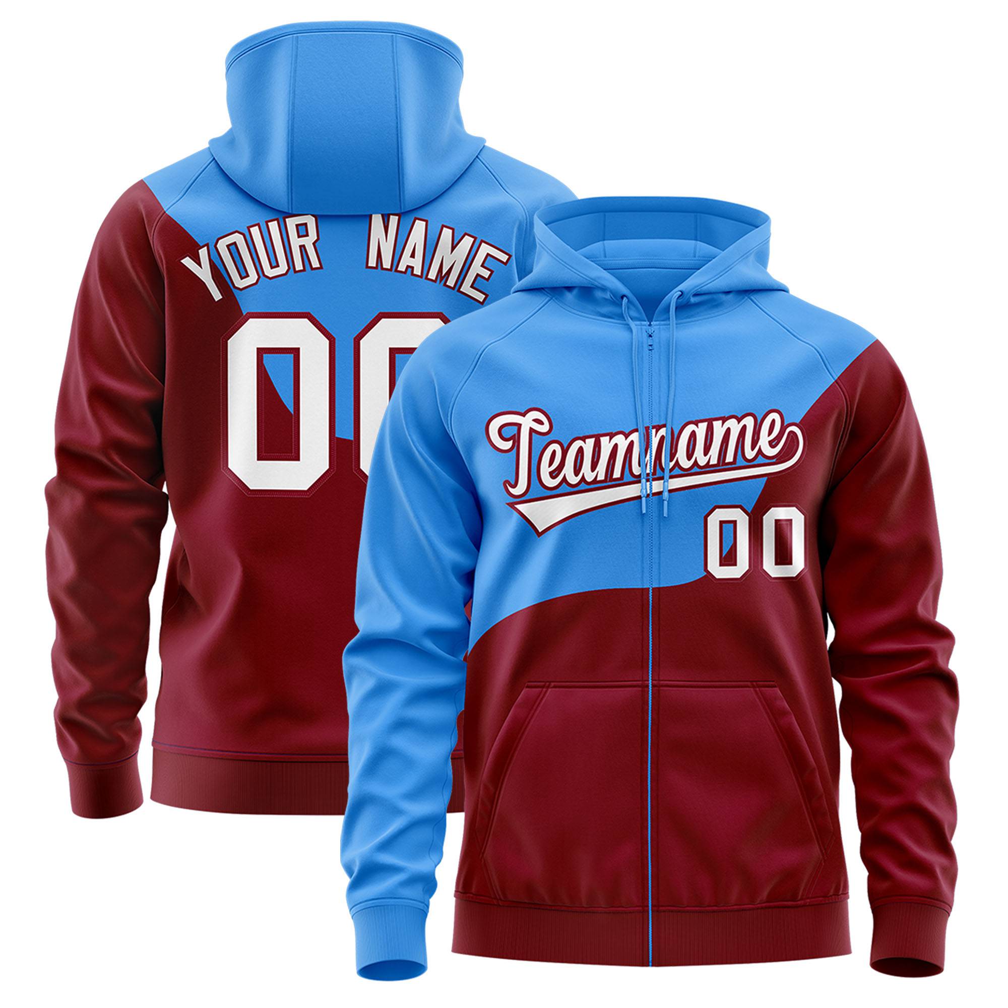 Custom Powder Blue Crimson Color Block Varsity Full-Zip Letterman Wave Hoodie Jacket