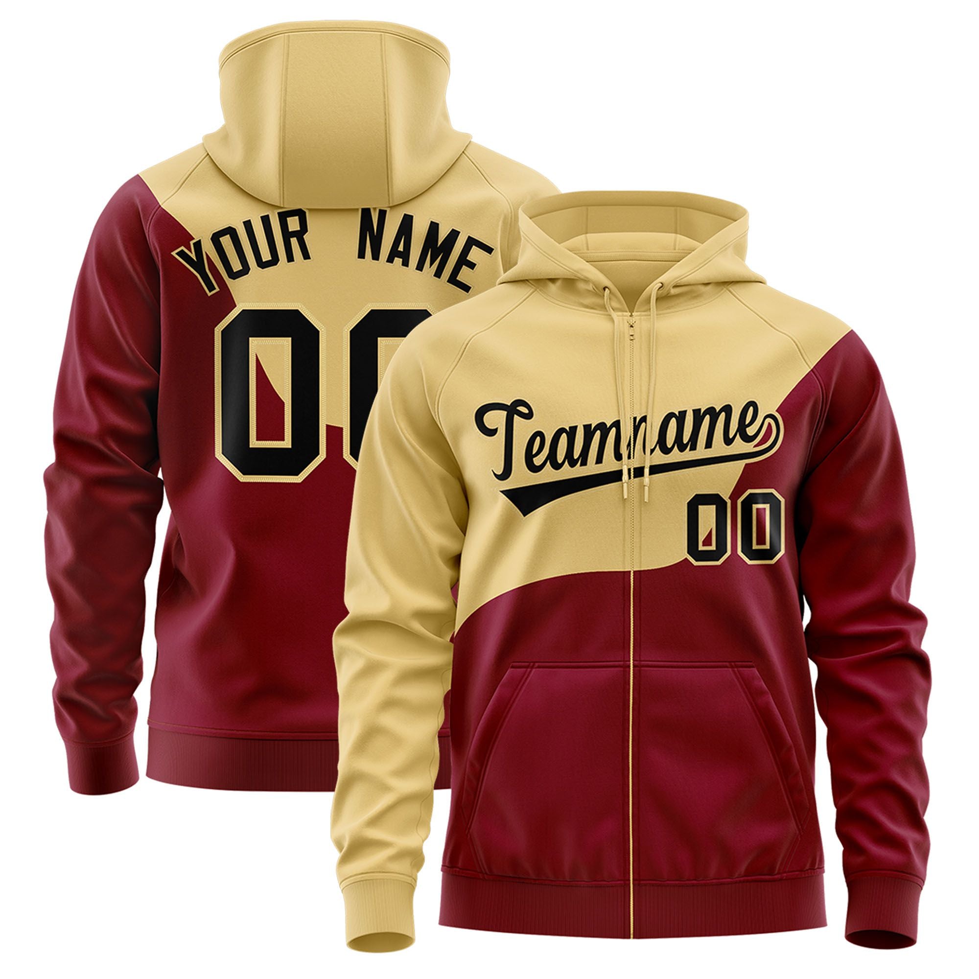 Custom Old Gold Crimson Color Block Varsity Full-Zip Letterman Wave Hoodie Jacket