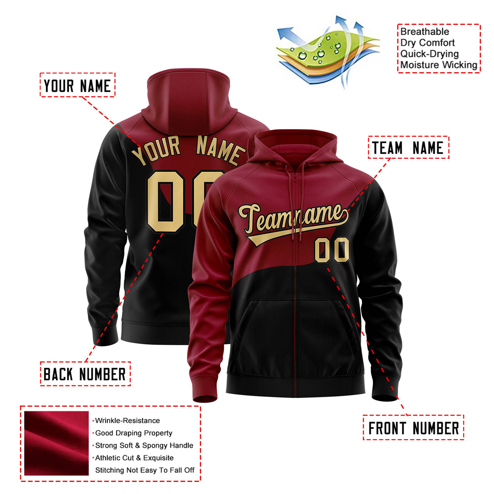 Custom Crimson Black Color Block Varsity Full-Zip Letterman Wave Hoodie Jacket