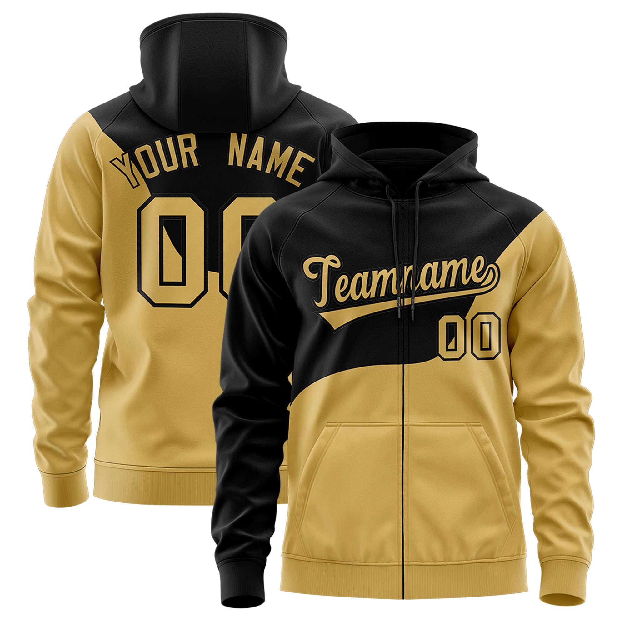 Custom Black Old Gold Color Block Varsity Full-Zip Letterman Wave Hoodie Jacket