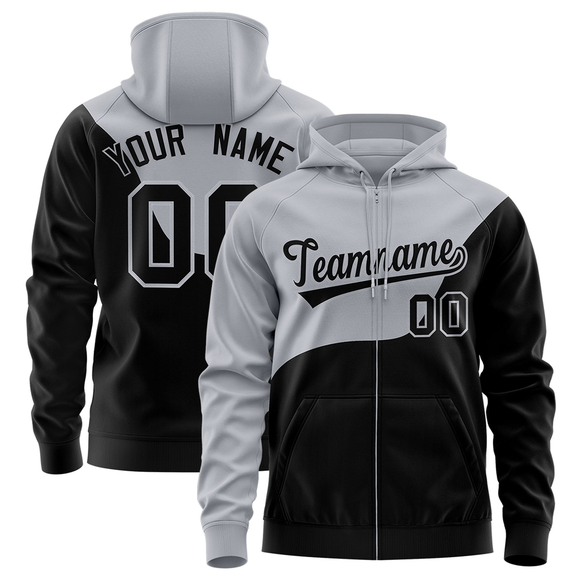 Custom Gray Black Color Block Varsity Full-Zip Letterman Wave Hoodie Jacket