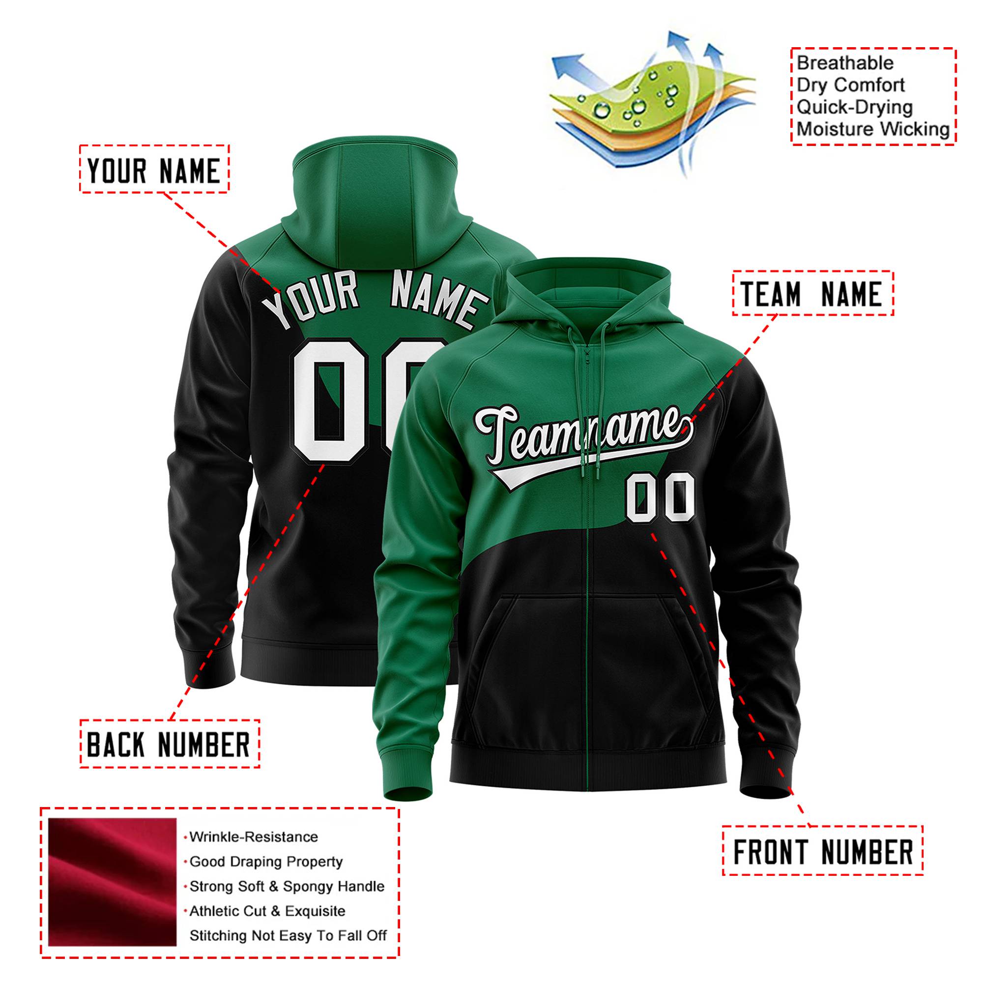 Custom Kelly Green Black Color Block Varsity Full-Zip Letterman Wave Hoodie Jacket