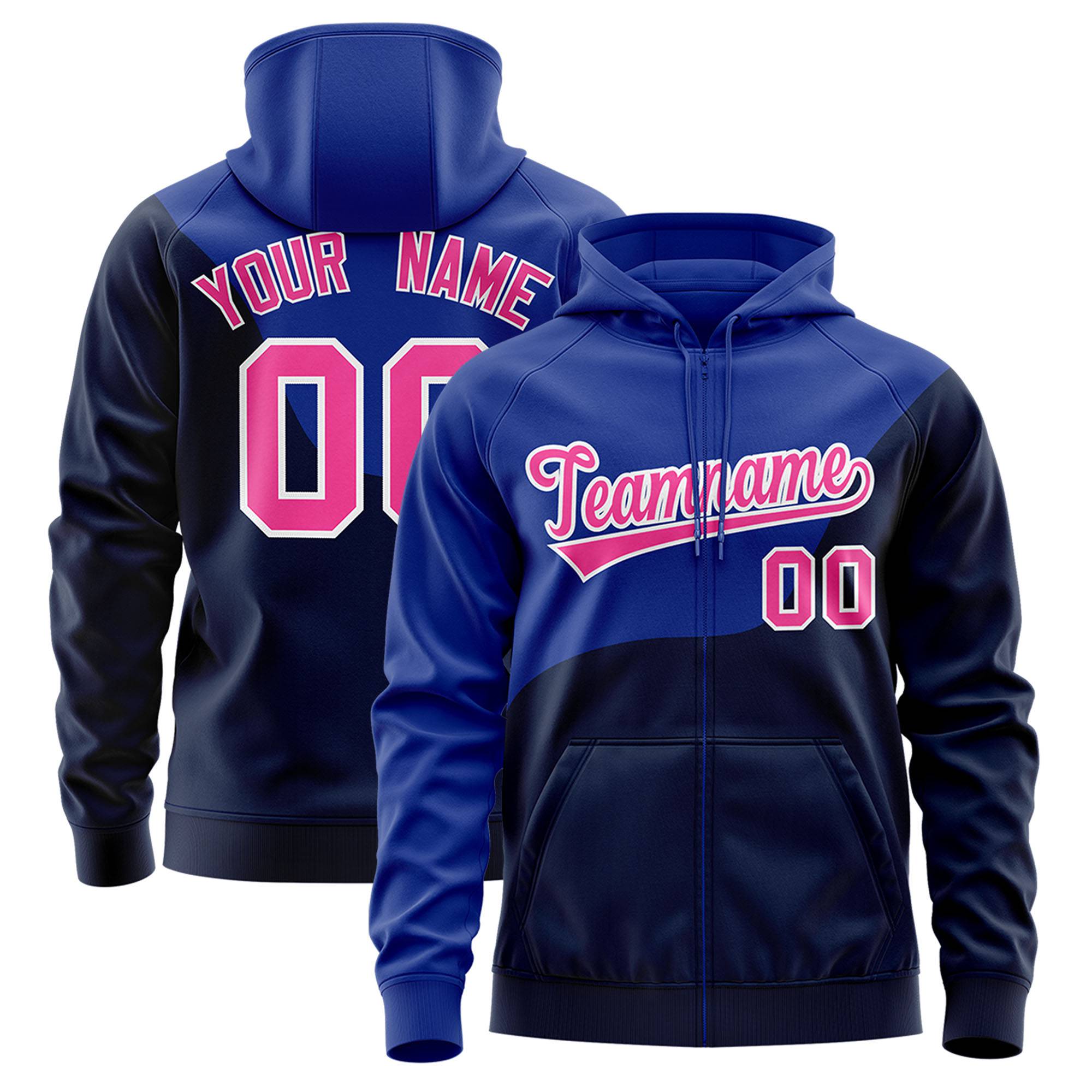 Custom Royal Blue Navy Color Block Varsity Full-Zip Letterman Wave Hoodie Jacket