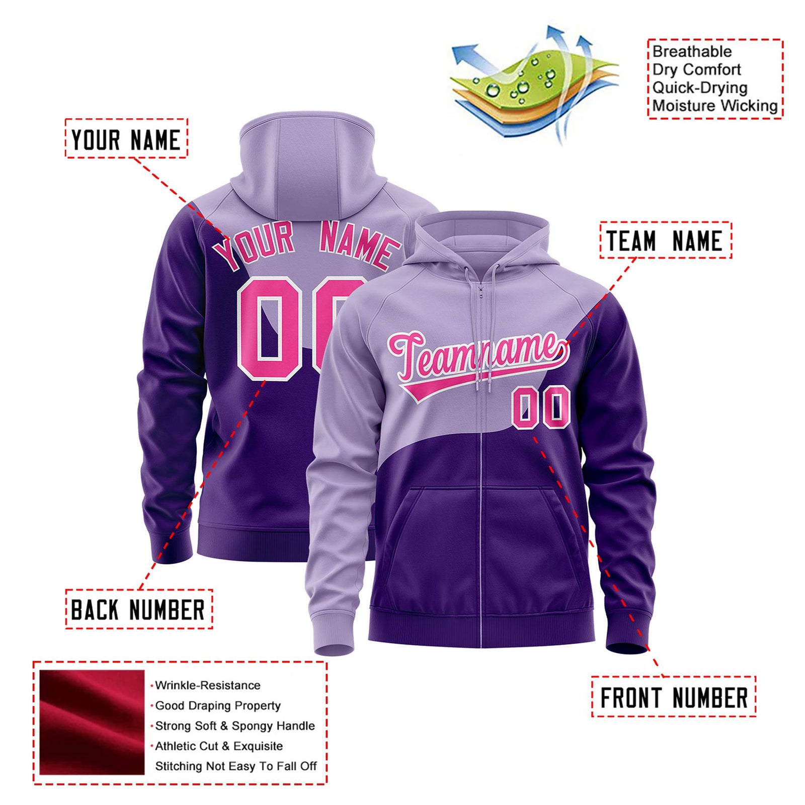 Custom Light Purple Purple Color Block Varsity Full-Zip Letterman Wave Hoodie Jacket