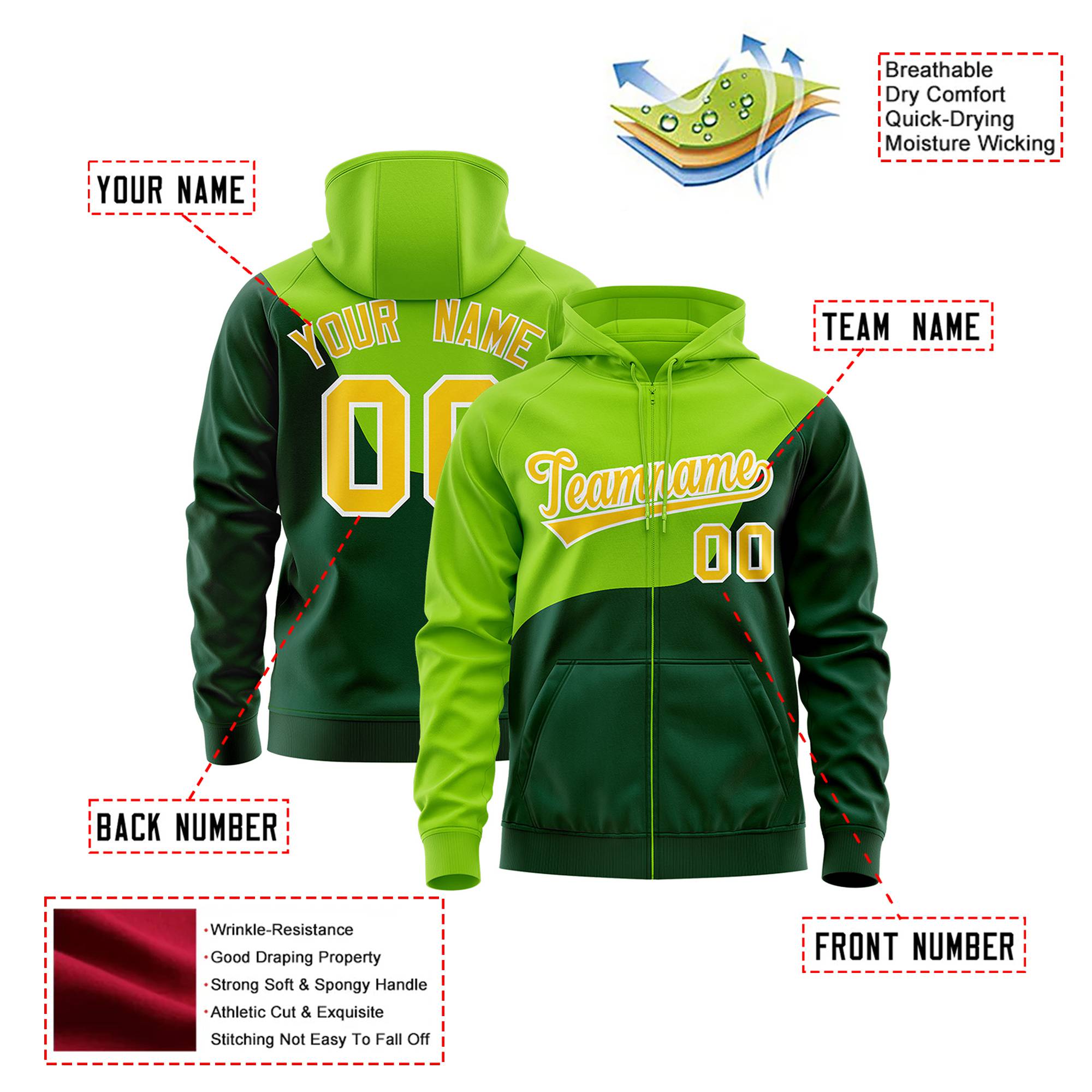 Custom Neon Green Green Color Block Varsity Full-Zip Letterman Wave Hoodie Jacket