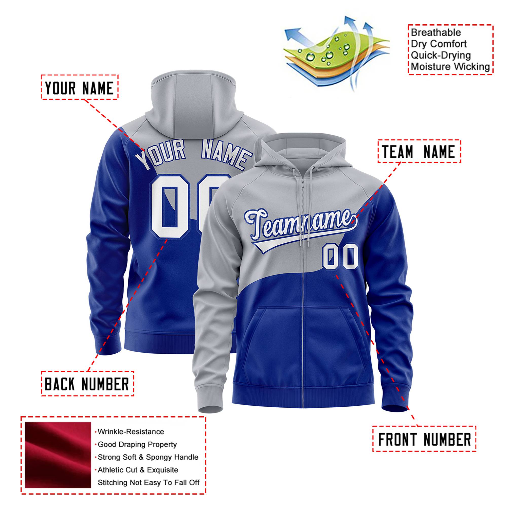 Custom Gray Royal Blue Color Block Varsity Full-Zip Letterman Wave Hoodie Jacket