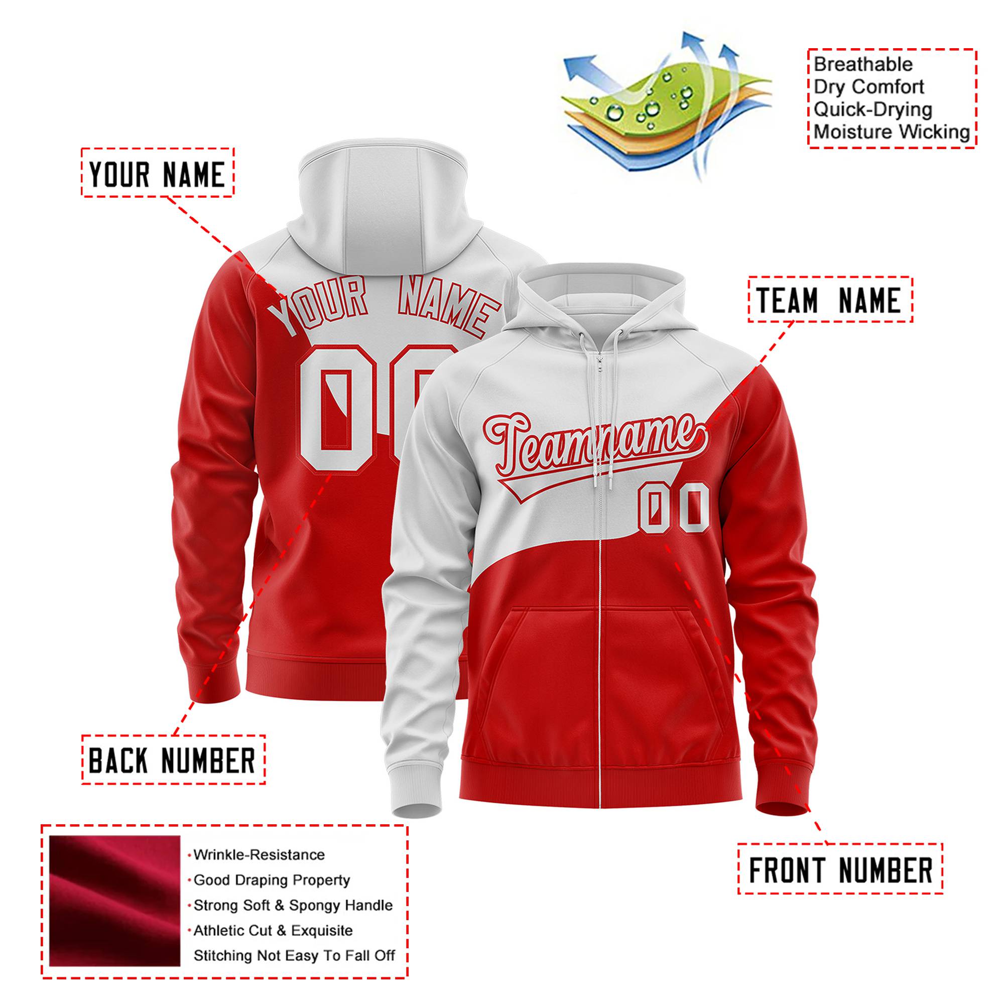 Custom Light Gray Red Color Block Varsity Full-Zip Letterman Wave Hoodie Jacket