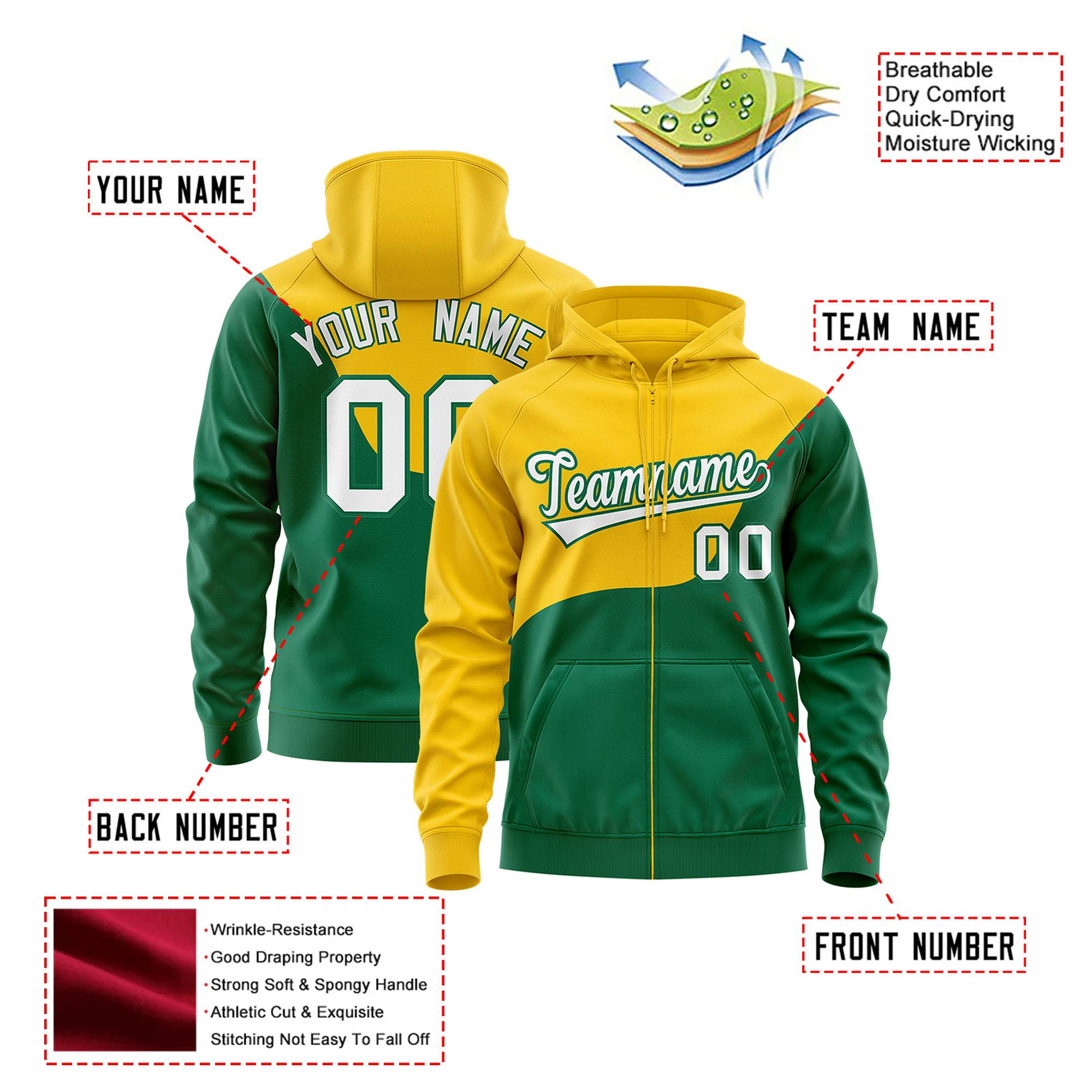 Custom Gold Green Color Block Varsity Full-Zip Letterman Wave Hoodie Jacket