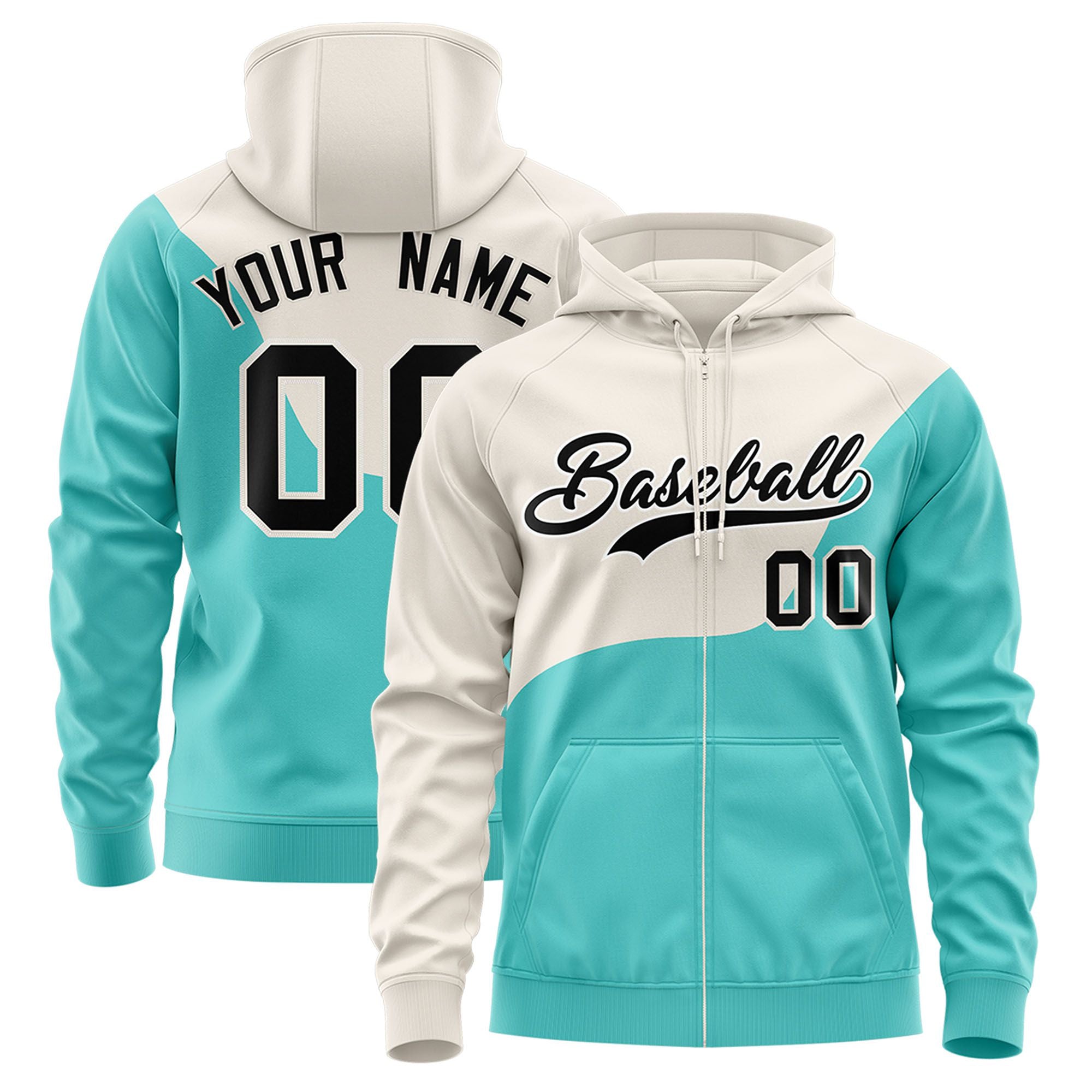 Custom Cream Aqua Color Block Varsity Full-Zip Letterman Wave Hoodie Jacket