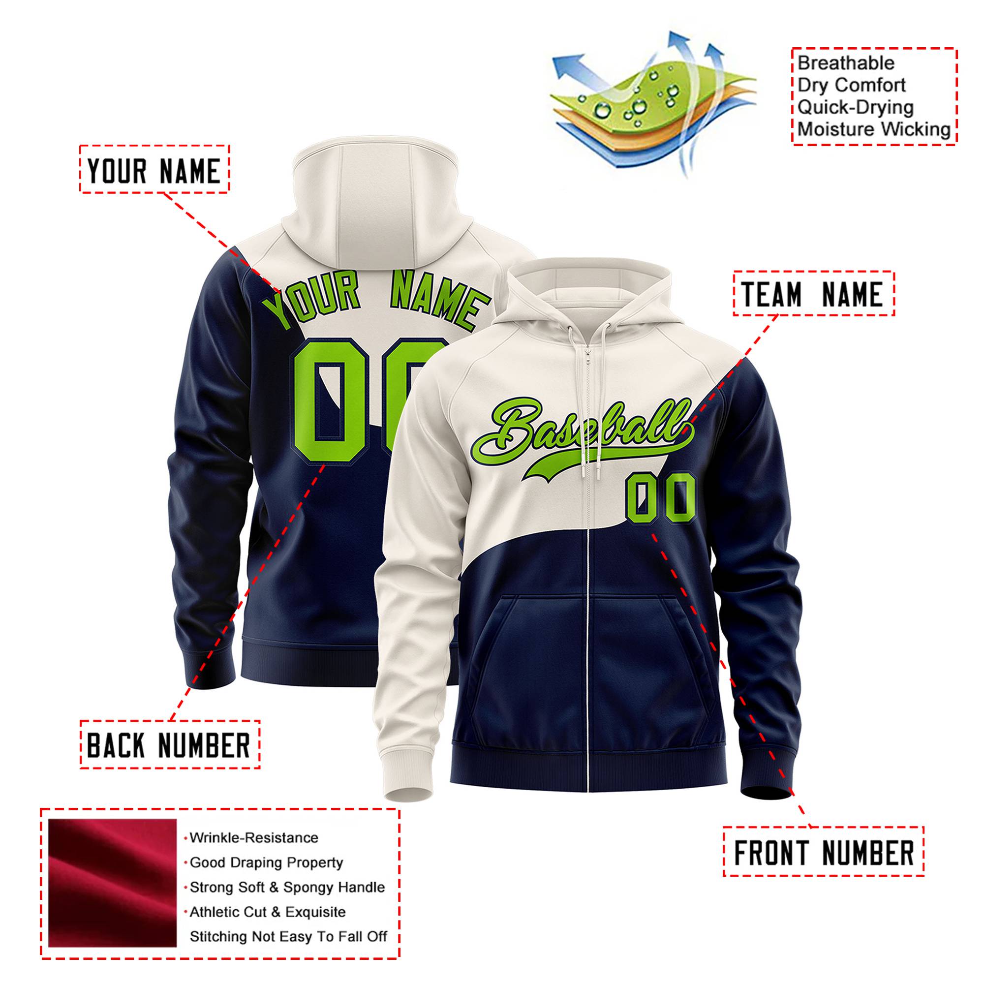 Custom Cream Navy Color Block Varsity Full-Zip Letterman Wave Hoodie Jacket