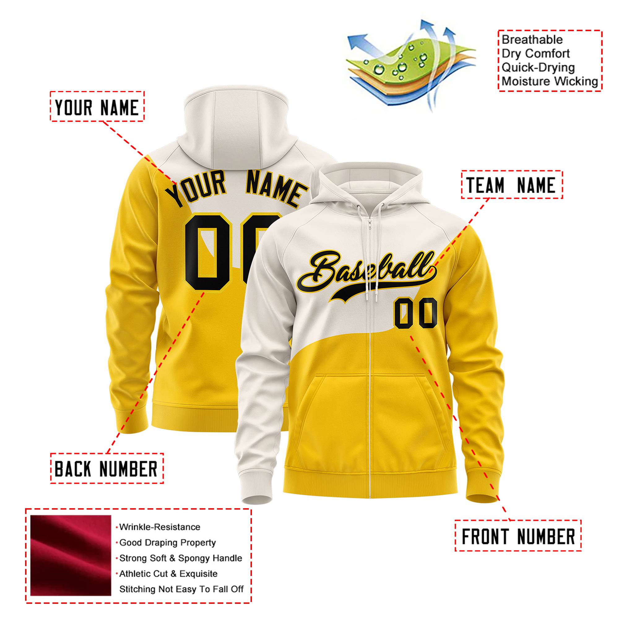 Custom Cream Gold Color Block Varsity Full-Zip Letterman Wave Hoodie Jacket