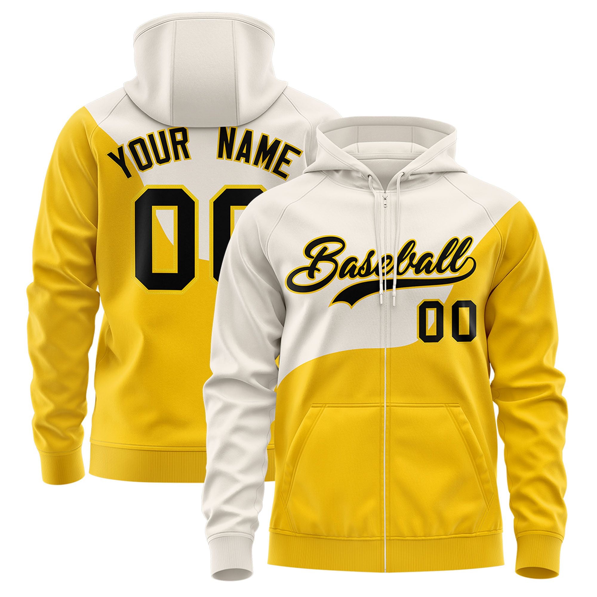 Custom Cream Gold Color Block Varsity Full-Zip Letterman Wave Hoodie Jacket