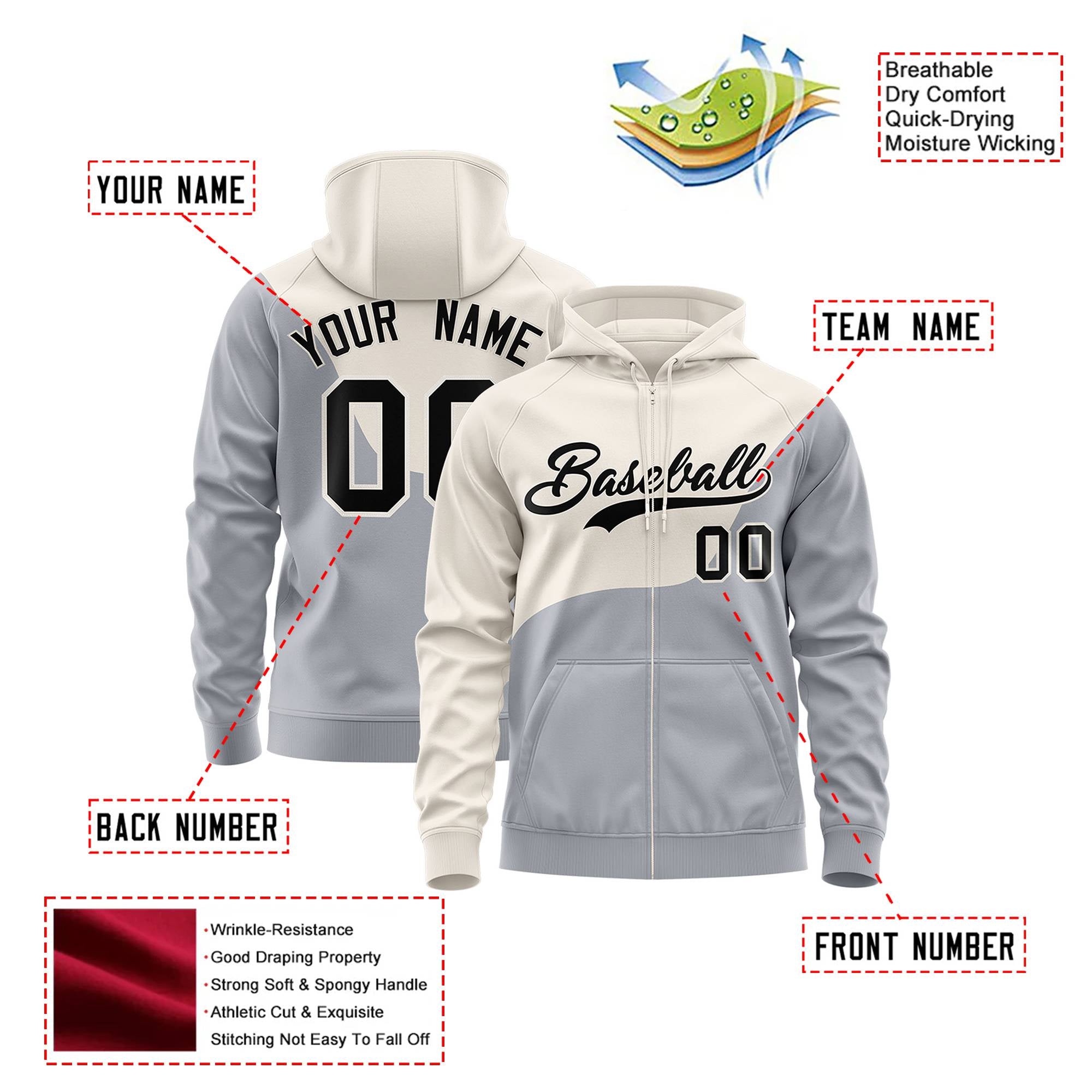 Custom Cream Gray Color Block Varsity Full-Zip Letterman Wave Hoodie Jacket