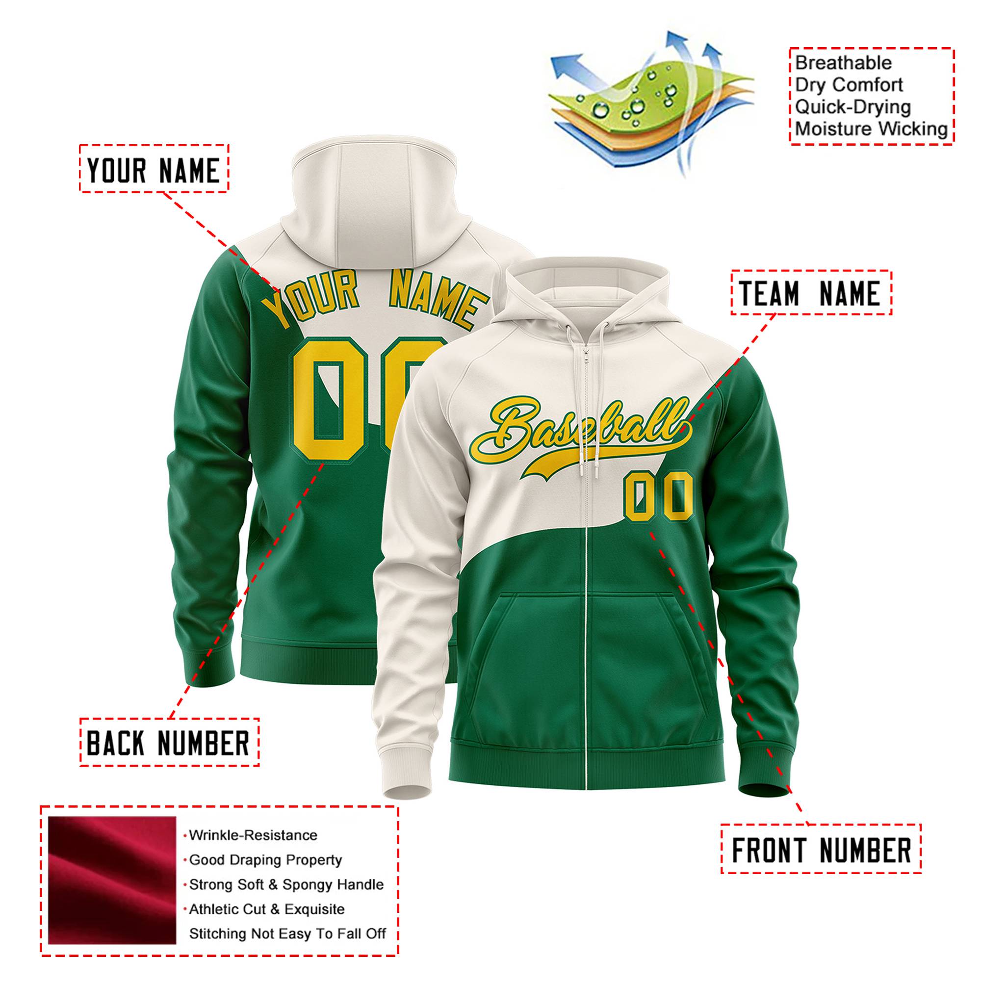 Custom Cream Kelly Green Color Block Varsity Full-Zip Letterman Wave Hoodie Jacket