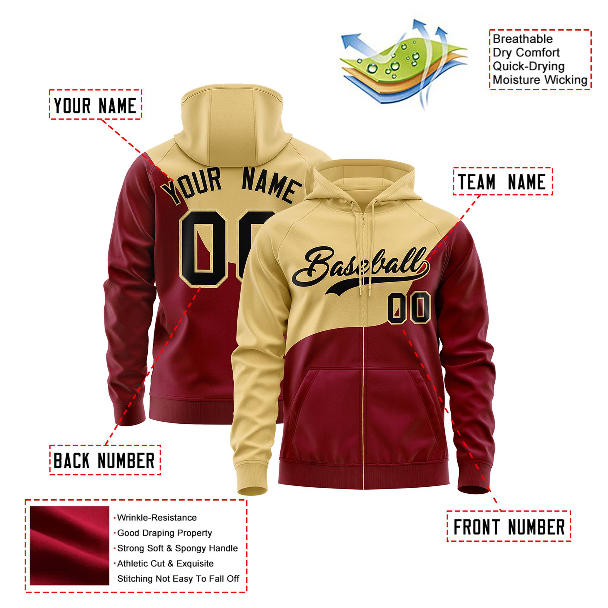 Custom Old Gold Crimson Color Block Varsity Full-Zip Letterman Wave Hoodie Jacket