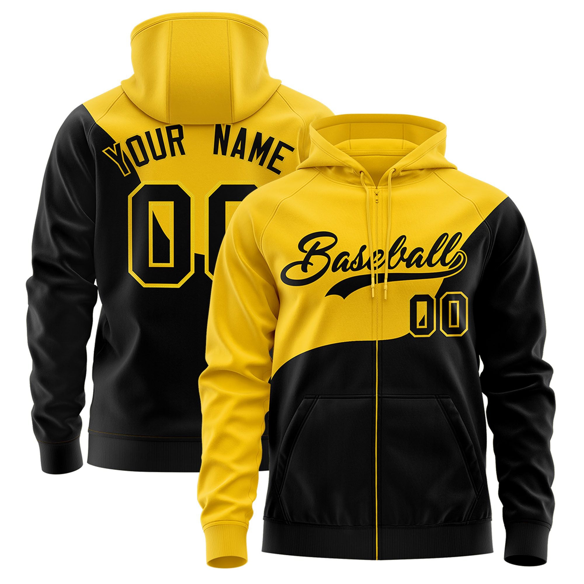 Custom Gold Black Color Block Varsity Full-Zip Letterman Wave Hoodie Jacket