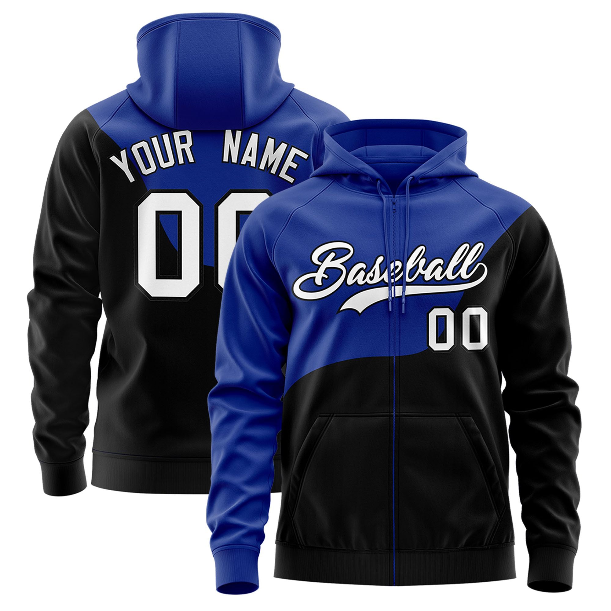 Custom Royal Blue Black Color Block Varsity Full-Zip Letterman Wave Hoodie Jacket