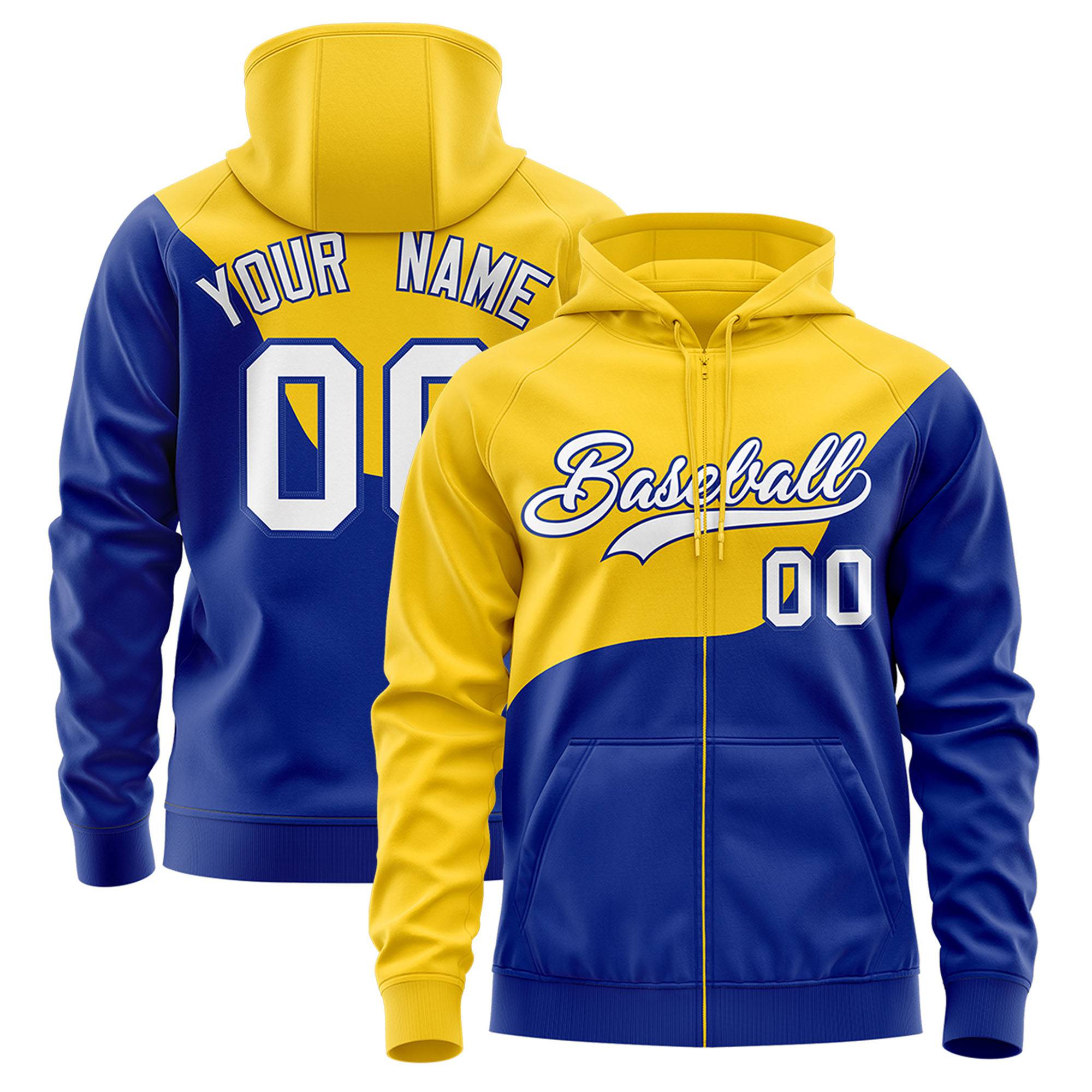 Custom Gold Royal Blue Color Block Varsity Full-Zip Letterman Wave Hoodie Jacket