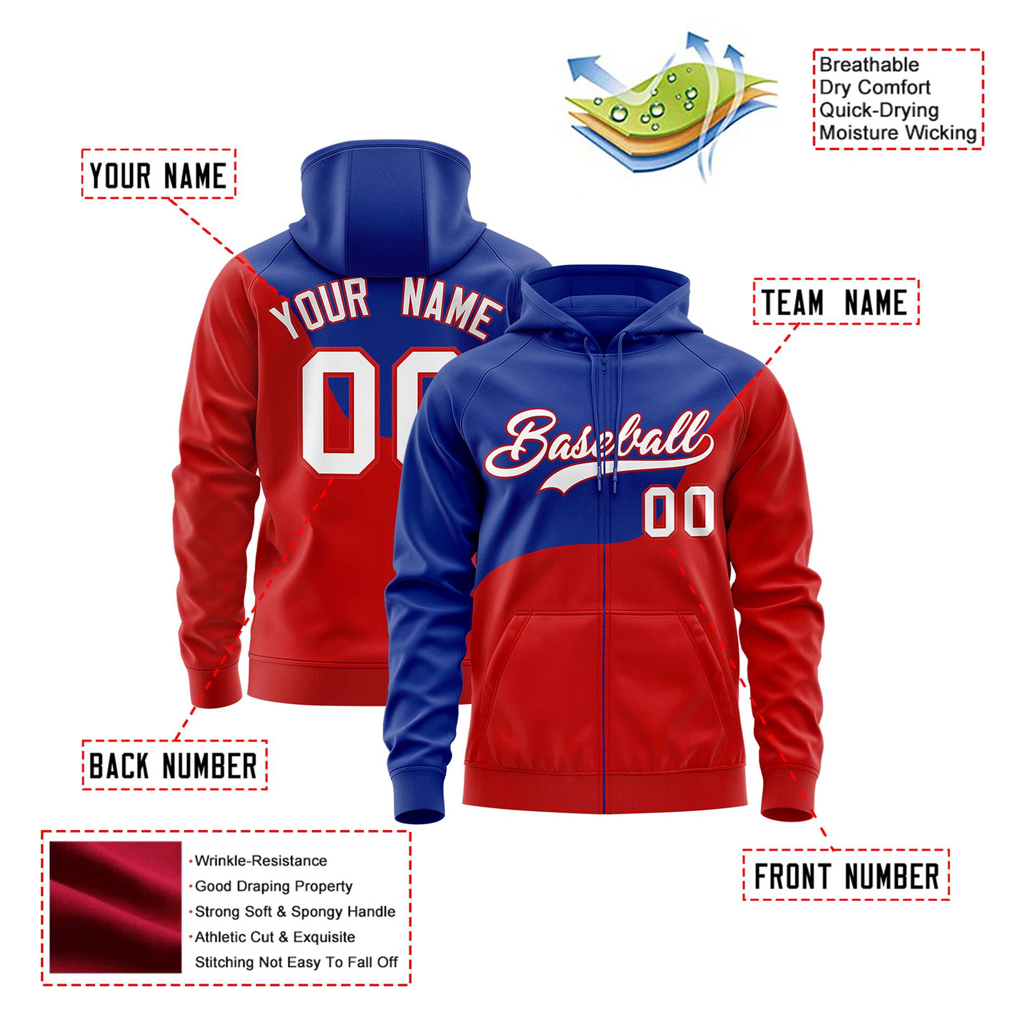 Custom Royal Blue Red Color Block Varsity Full-Zip Letterman Wave Hoodie Jacket