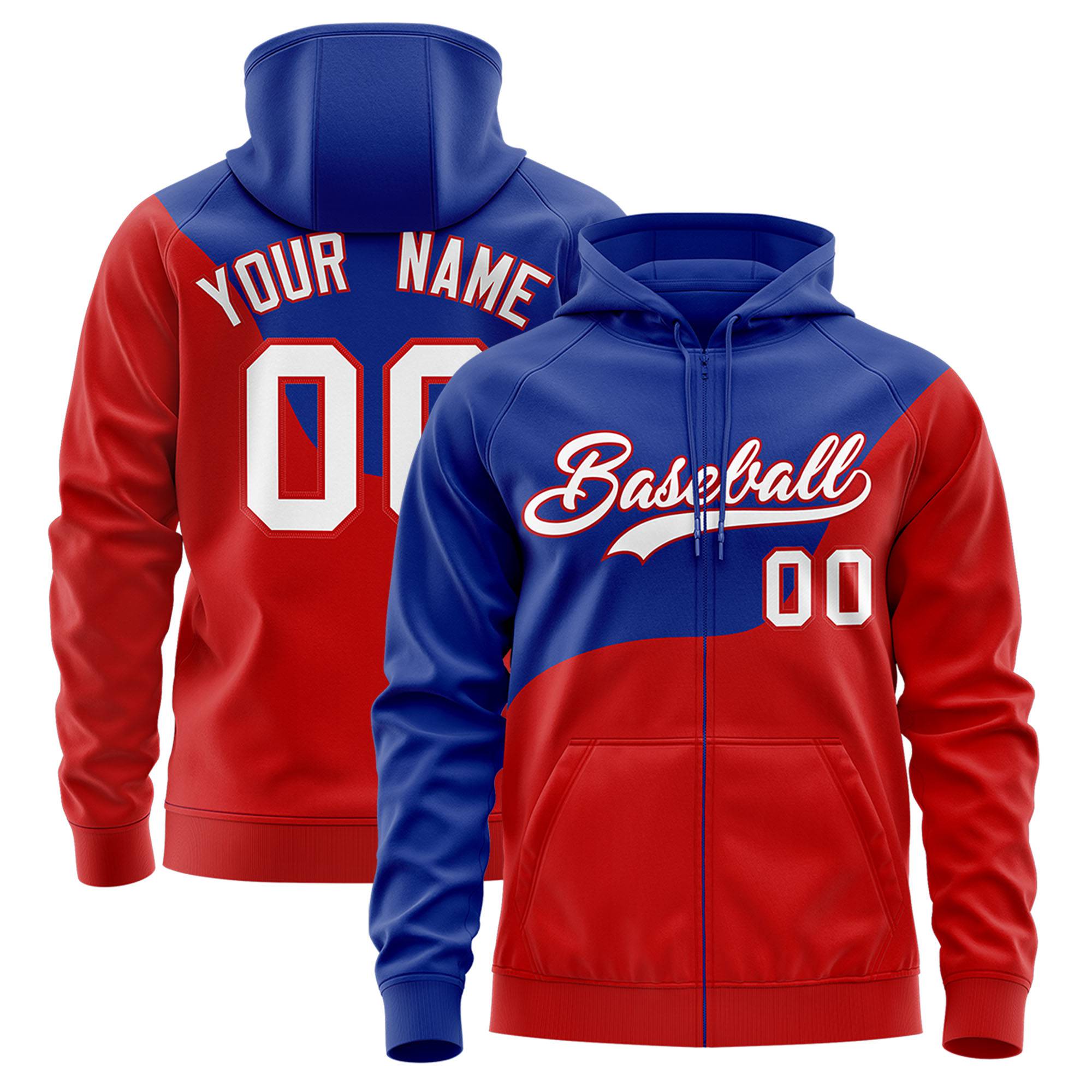 Custom Royal Blue Red Color Block Varsity Full-Zip Letterman Wave Hoodie Jacket