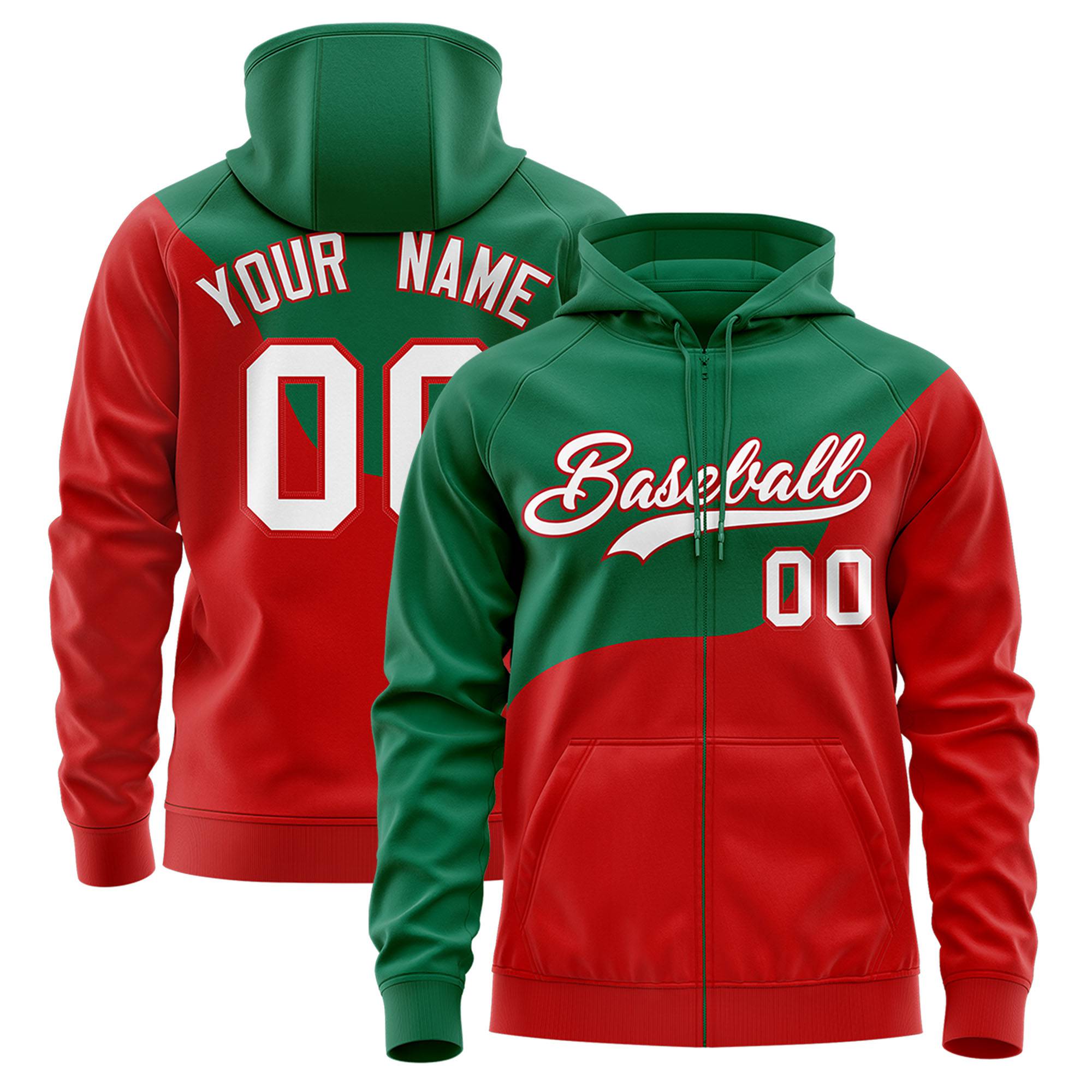 Custom Green Red Color Block Varsity Full-Zip Letterman Wave Hoodie Jacket