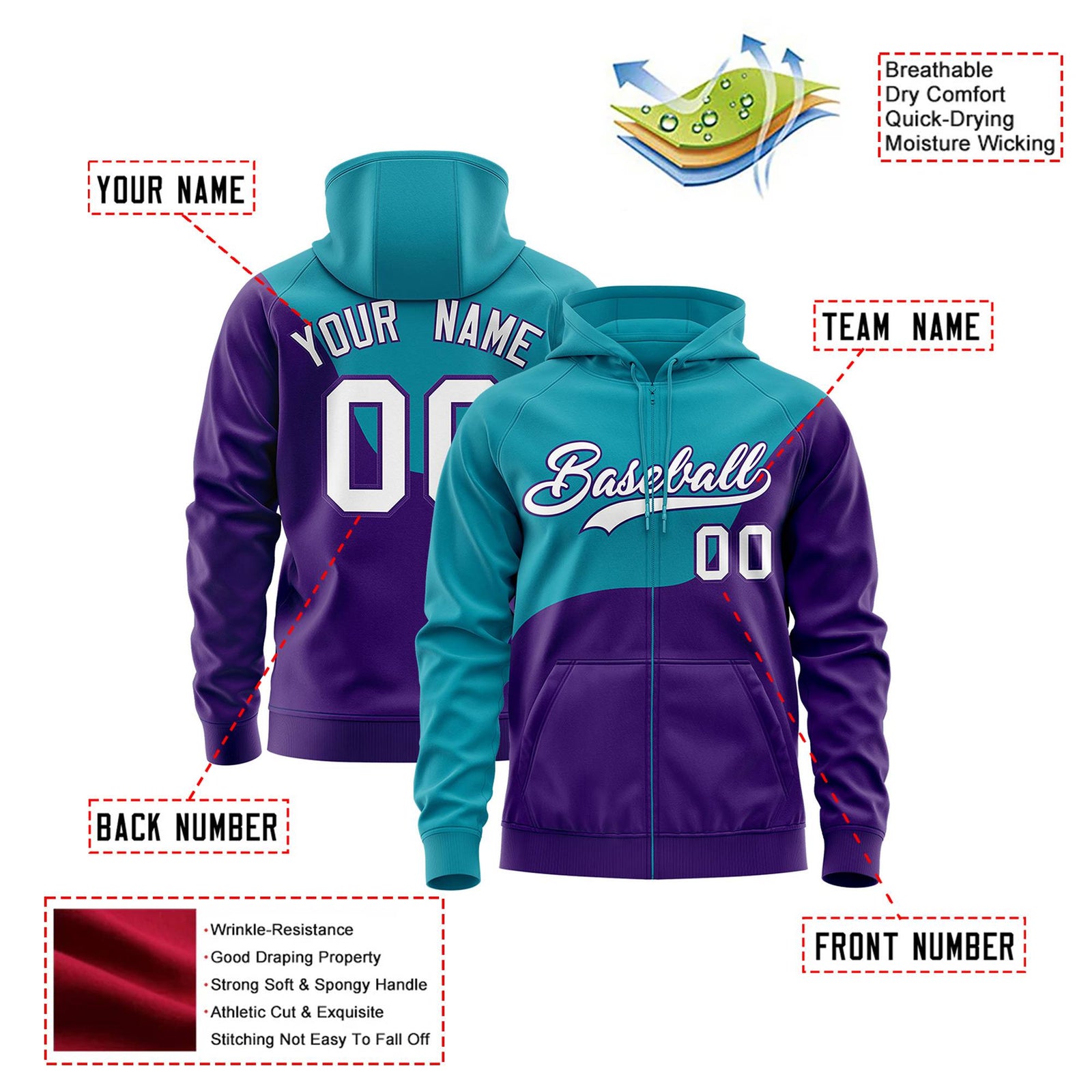 Custom Aqua Purple Color Block Varsity Full-Zip Letterman Wave Hoodie Jacket