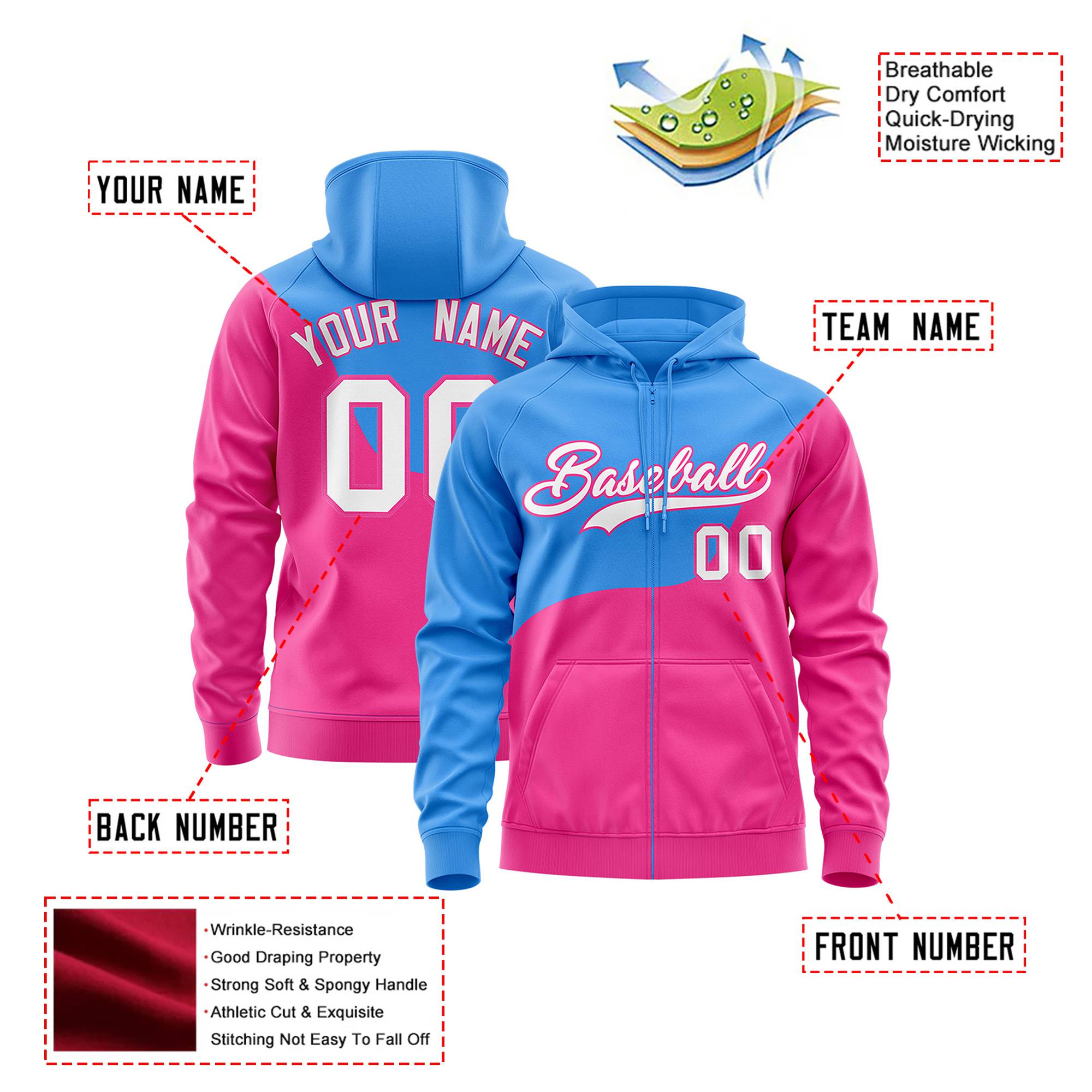 Custom Powder Blue Pink Color Block Varsity Full-Zip Letterman Wave Hoodie Jacket