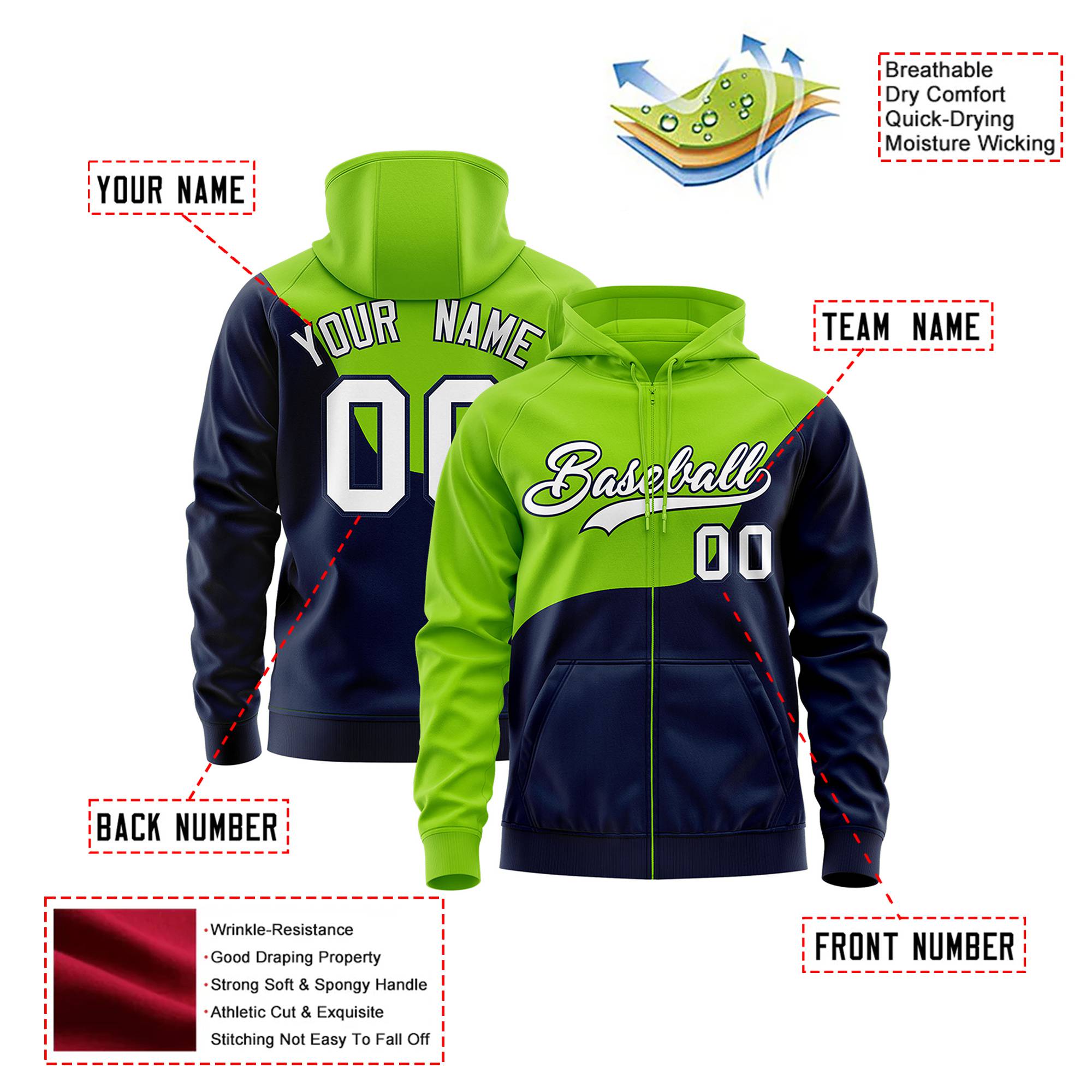 Custom Neon Green Navy Color Block Varsity Full-Zip Letterman Wave Hoodie Jacket