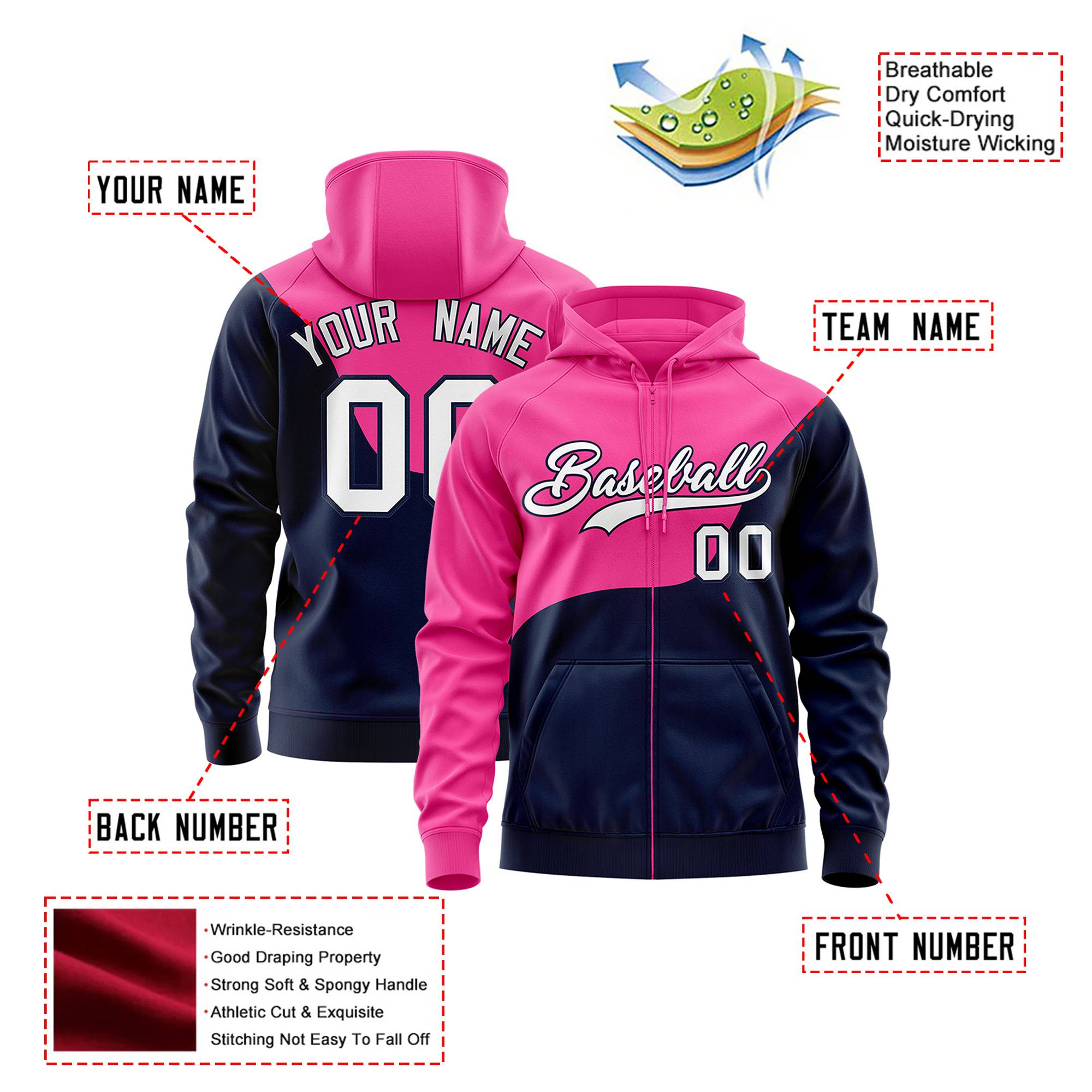 Custom Pink Navy Color Block Varsity Full-Zip Letterman Wave Hoodie Jacket