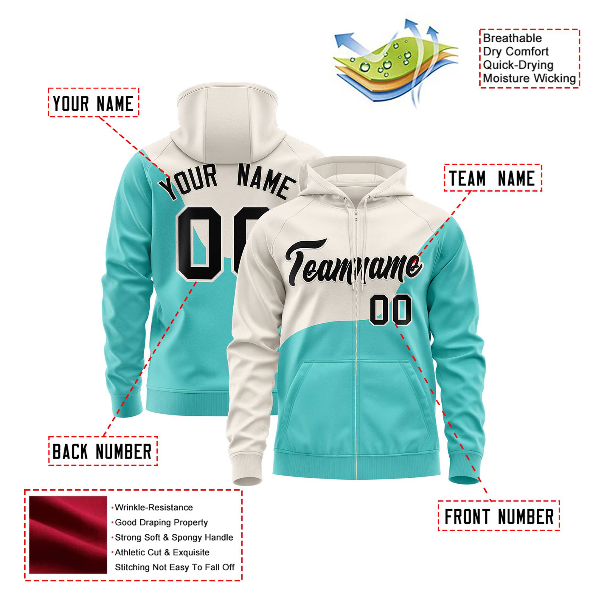 Custom Cream Aqua Color Block Varsity Full-Zip Letterman Wave Hoodie Jacket