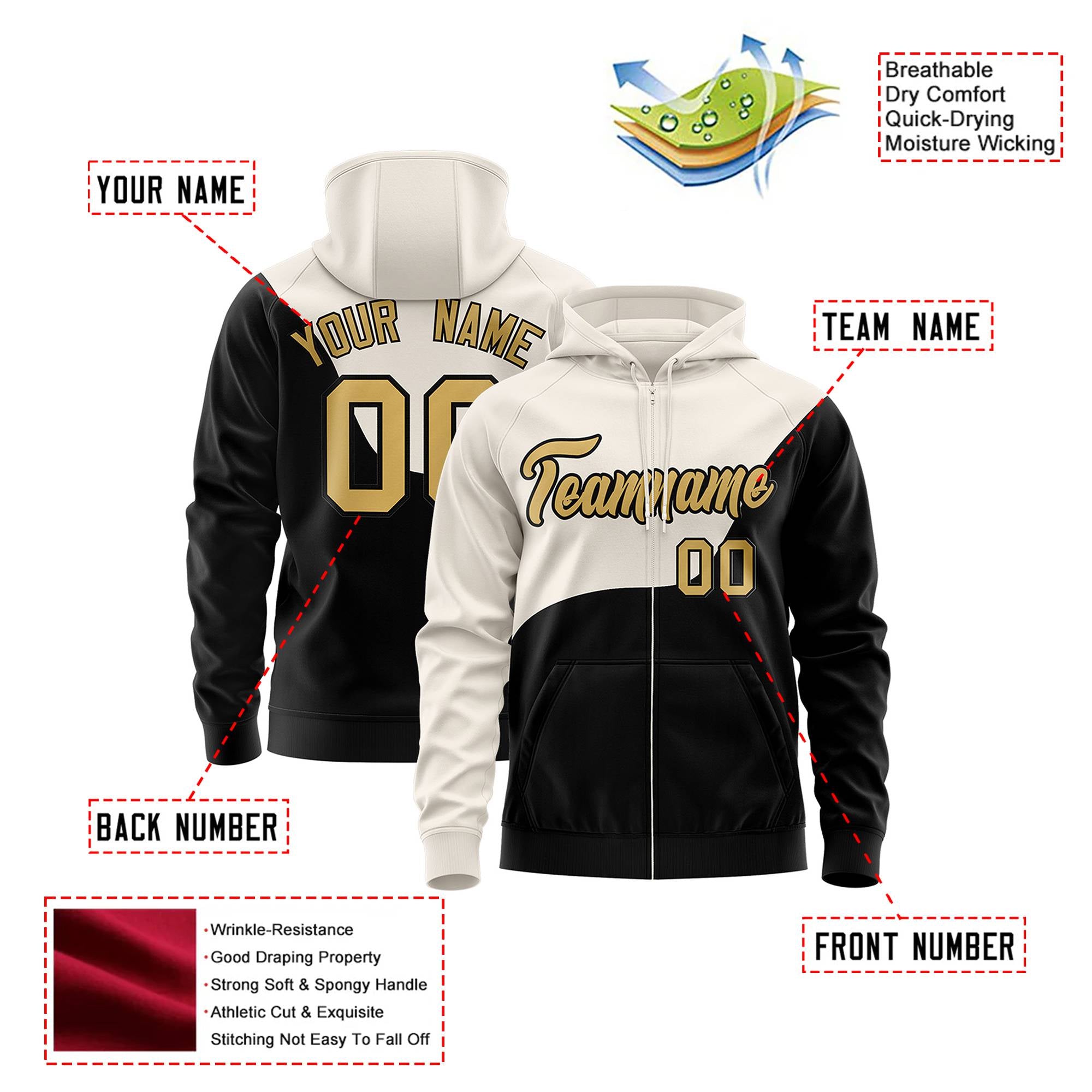 Custom Cream Black Color Block Varsity Full-Zip Letterman Wave Hoodie Jacket